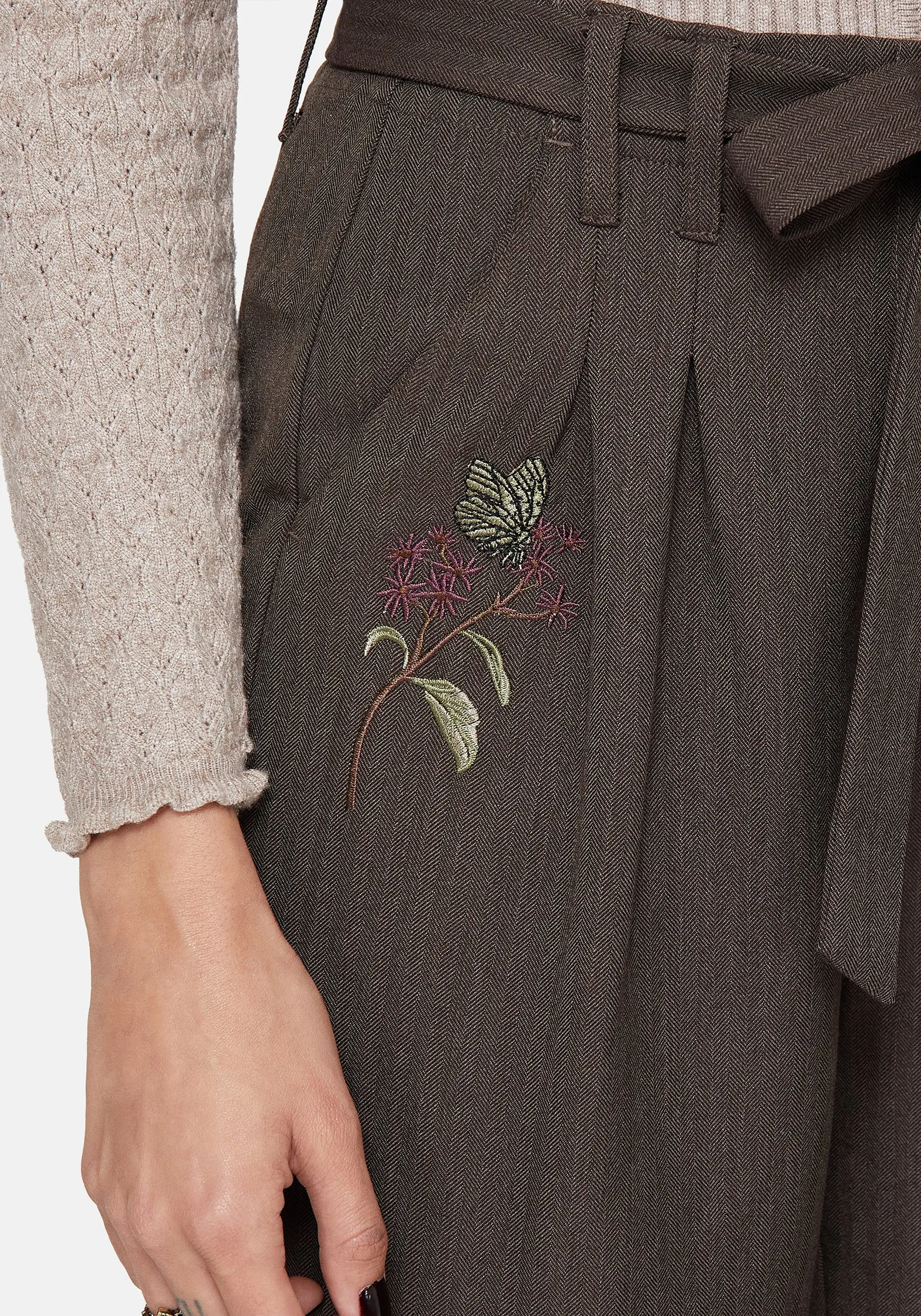 Meliae Moth Embroidered Tapered Trousers Movement Fit Anti Pilling