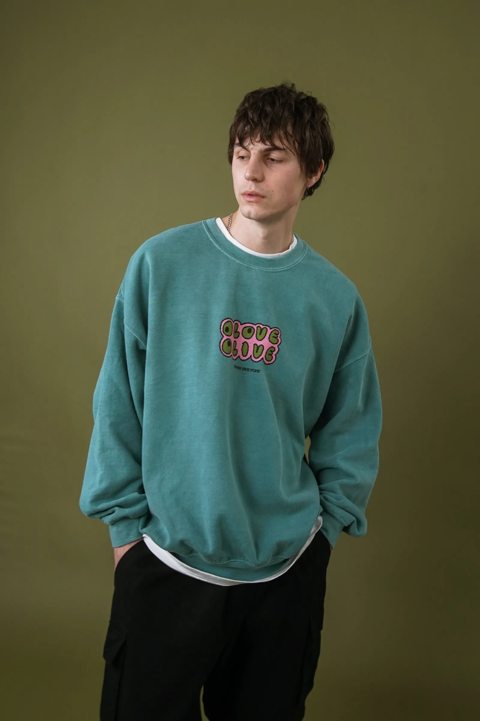 Other Side Store 'Olove Olive' Vintage Washed Sweater - Teal Thermal Insulation