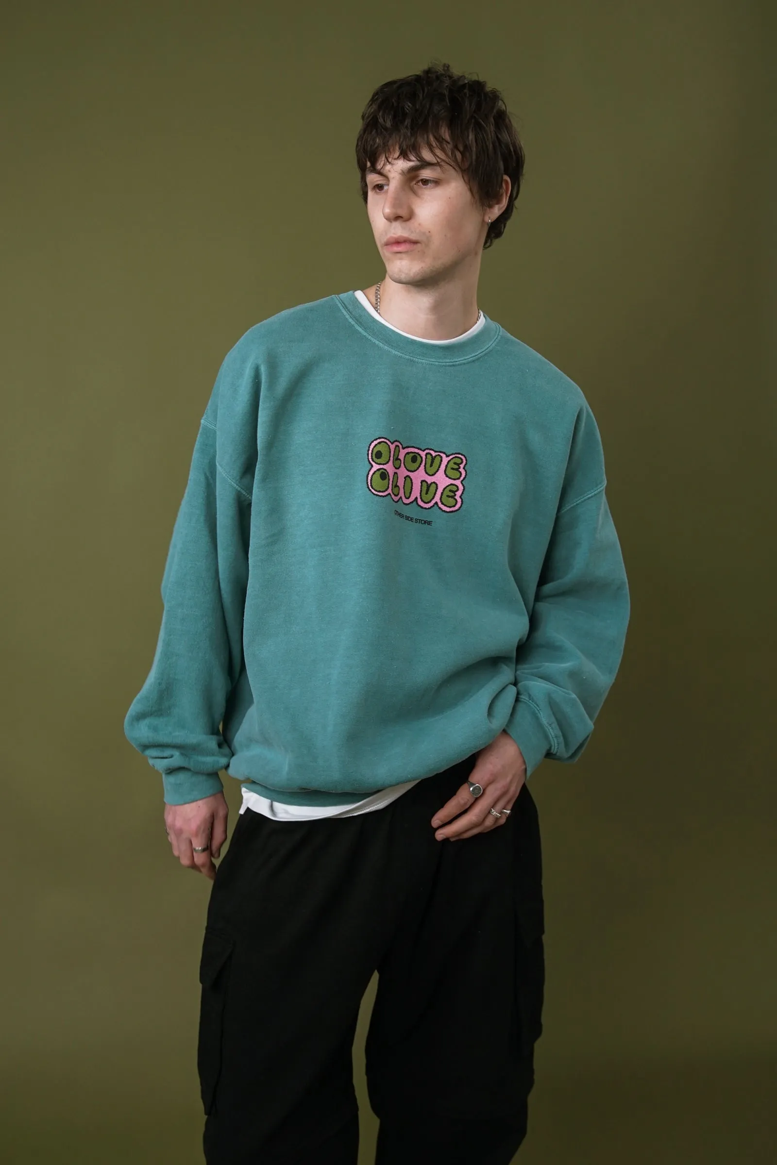 Other Side Store 'Olove Olive' Vintage Washed Sweater - Teal Breathable Textured Fabric