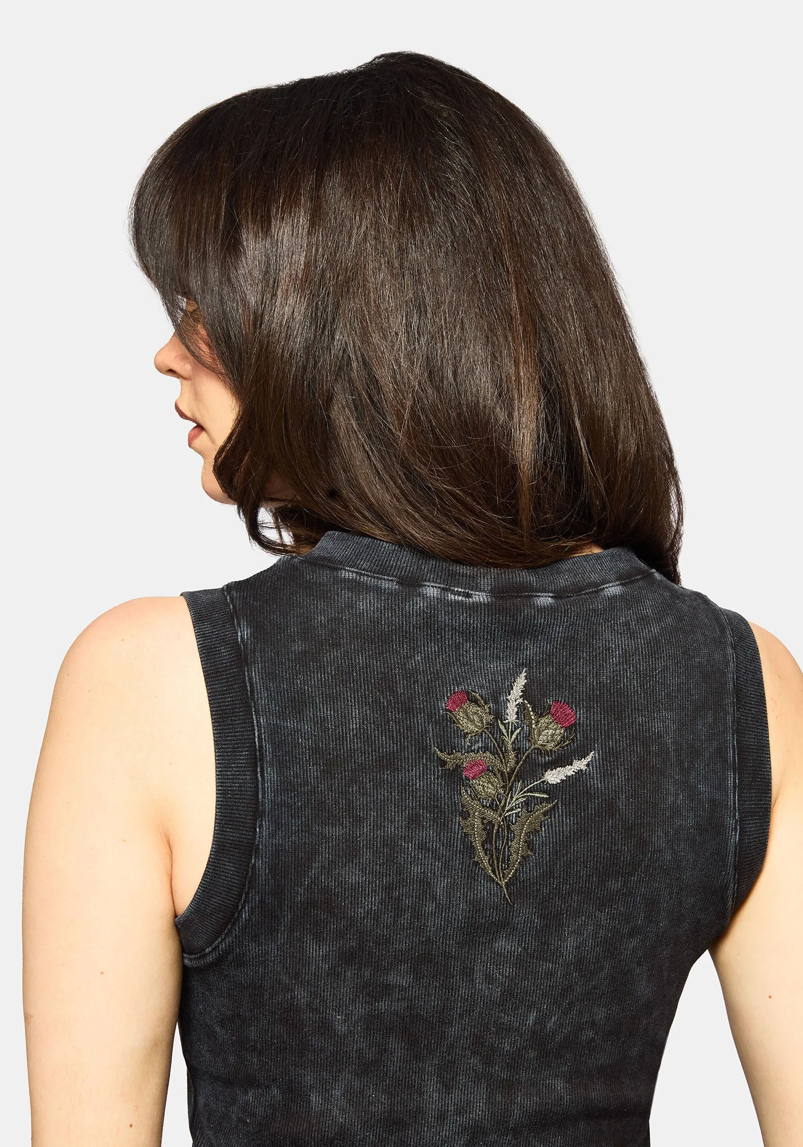 Minimal Harmony Despair Cotton Embroidered Acid Wash Ribbed Mini Dress