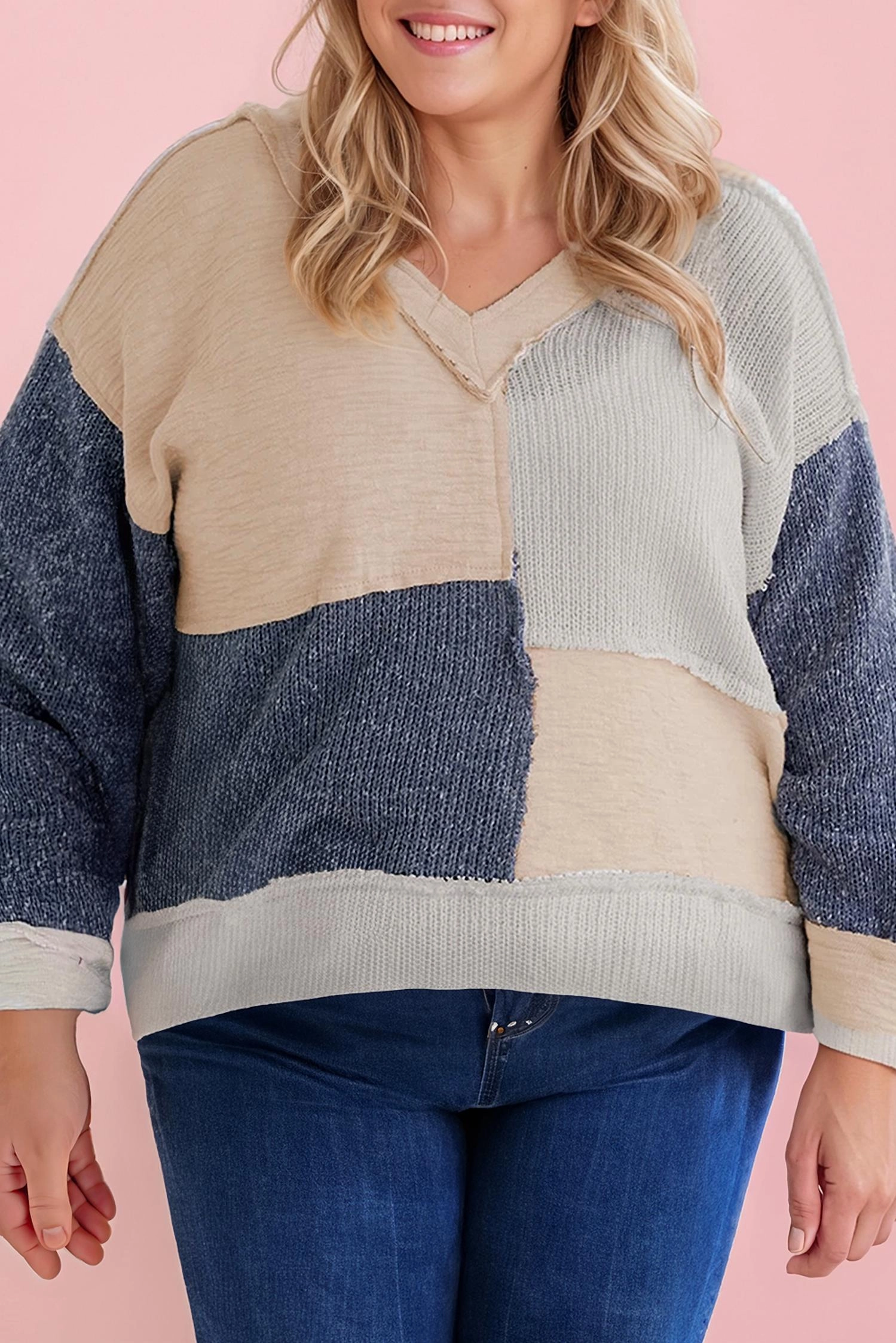 Basic Layer Soft Knit Design Textured Colorblock Patchwork V-Neck Top - Plus In Ashleigh Blue