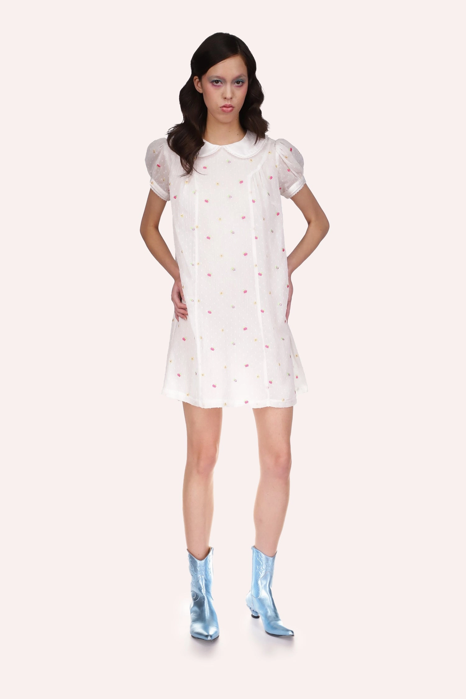 Floral Swing Cluny Lace Trimmed Floral Swiss Dot Babydoll Dress