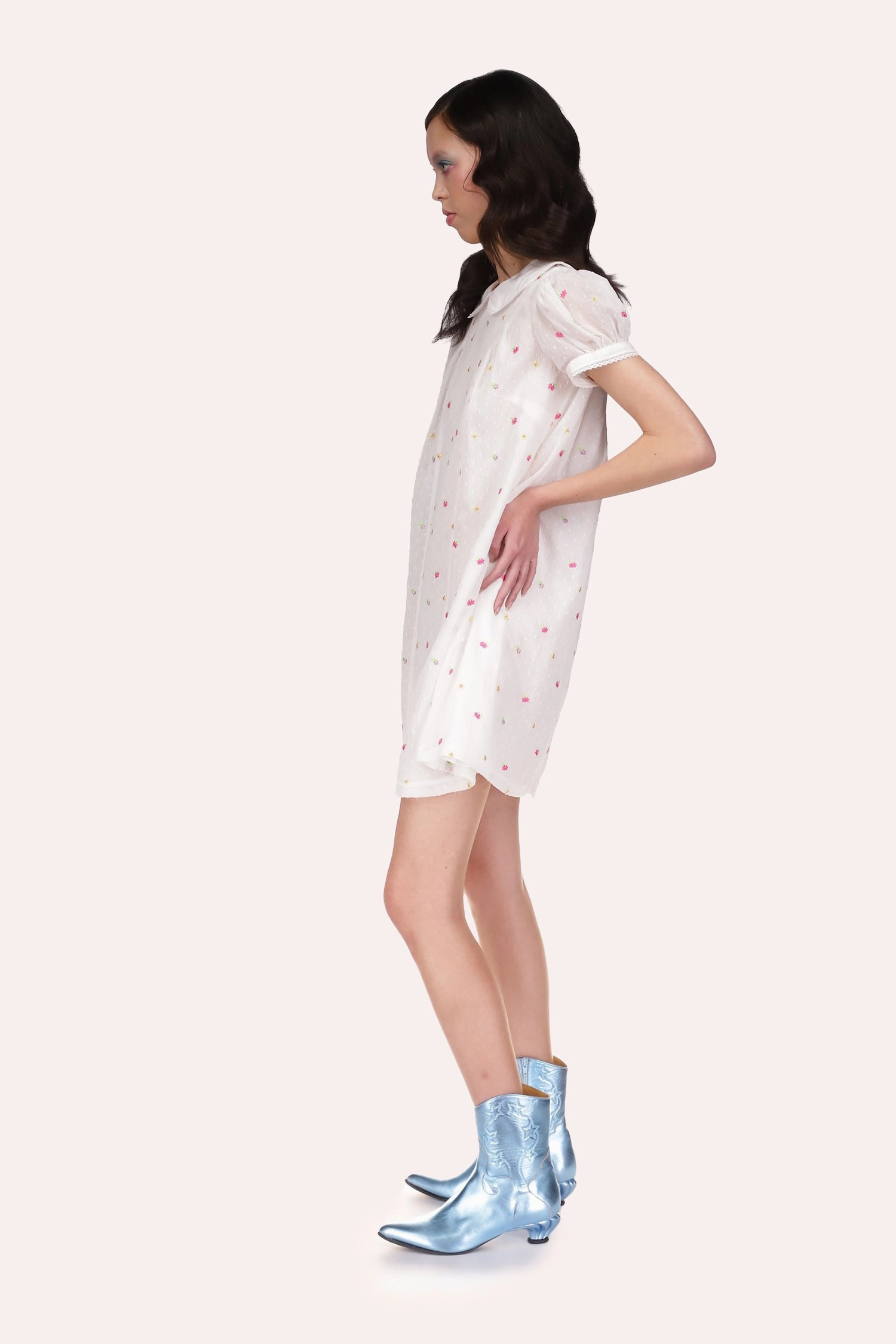 Casual Look Cluny Lace Trimmed Floral Swiss Dot Babydoll Dress