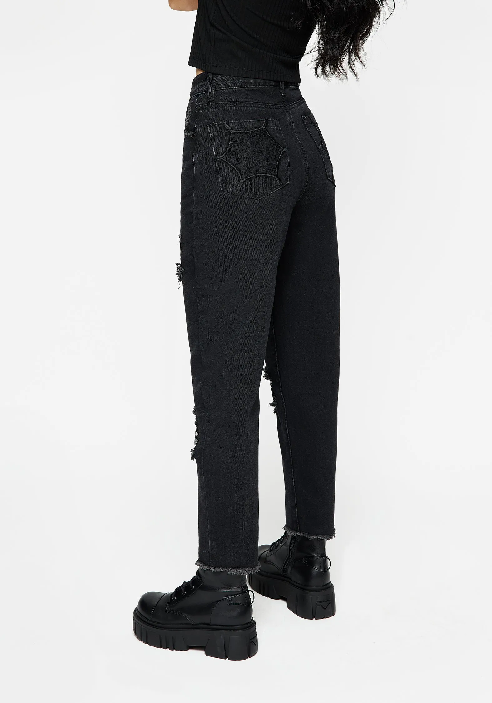 Cobweb Distressed Denim Jeans Simple Wear