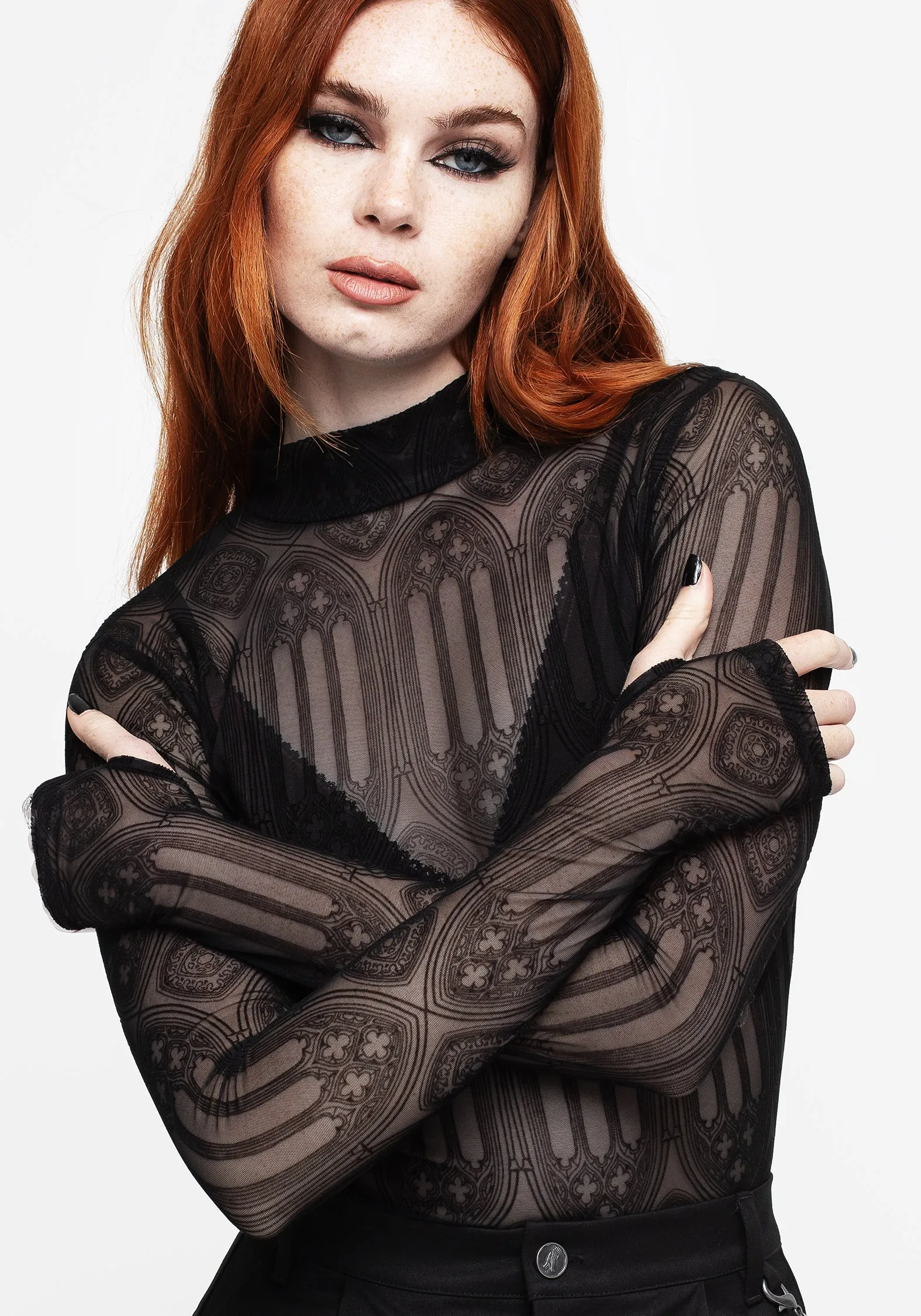 Cloister Flocked Mesh High Neck Long Sleeve Top colorful student