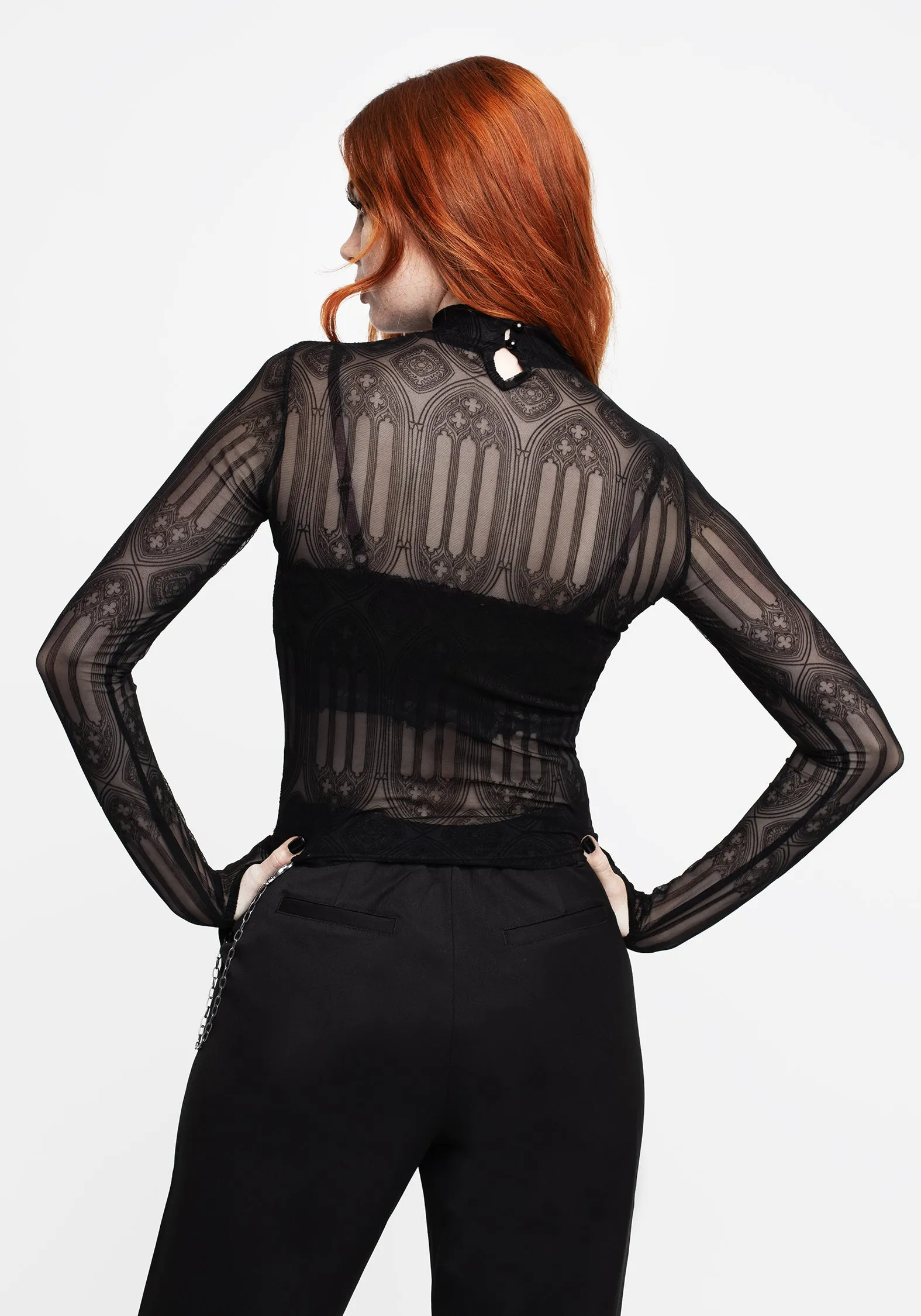school wear Cloister Flocked Mesh High Neck Long Sleeve Top