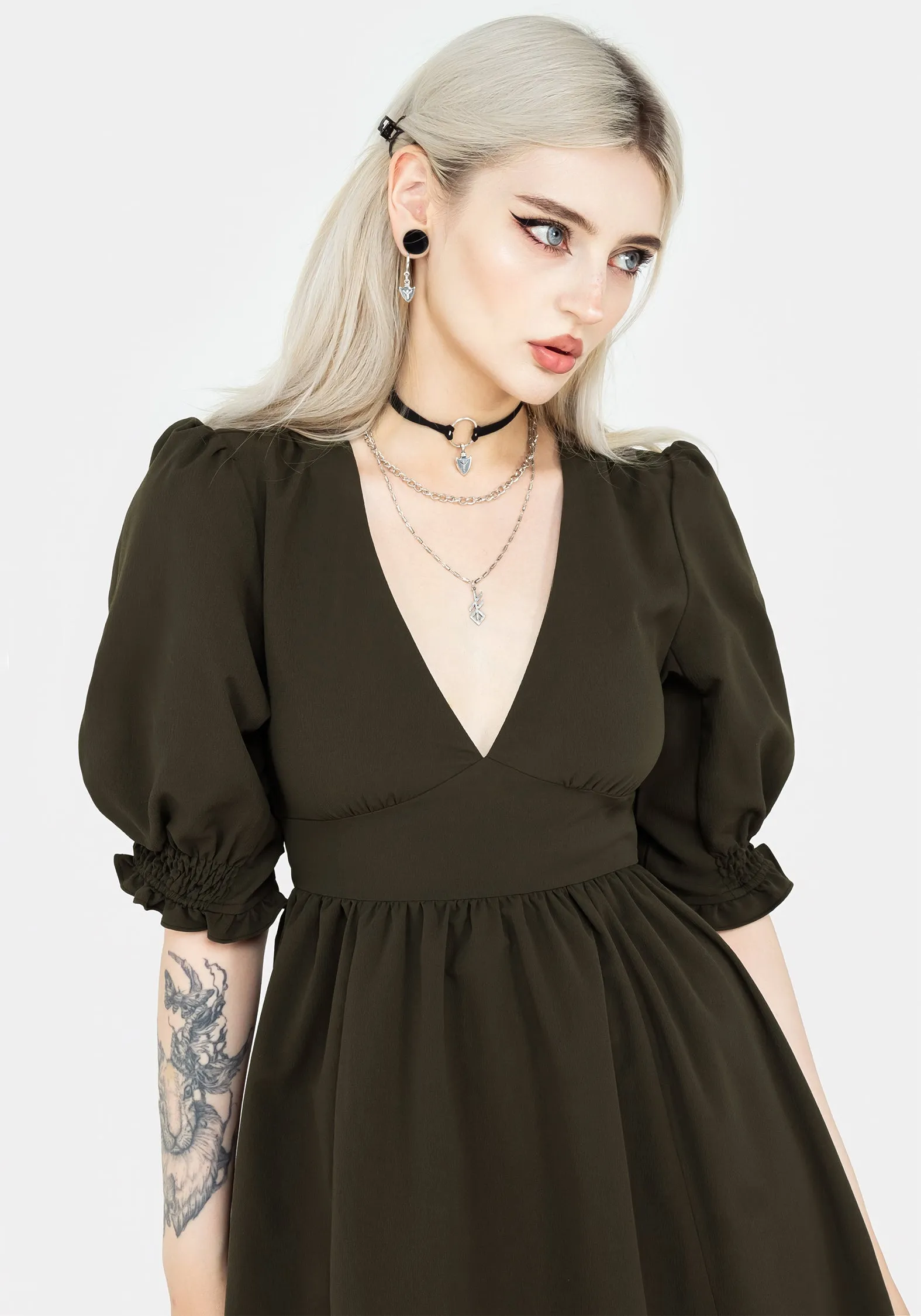 Street Edge Floral Pattern Divination Textured Midi Dress - Green
