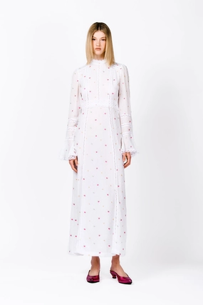 Slim Form Cluny Lace Trimmed Floral Swiss Dot Maxi Dress