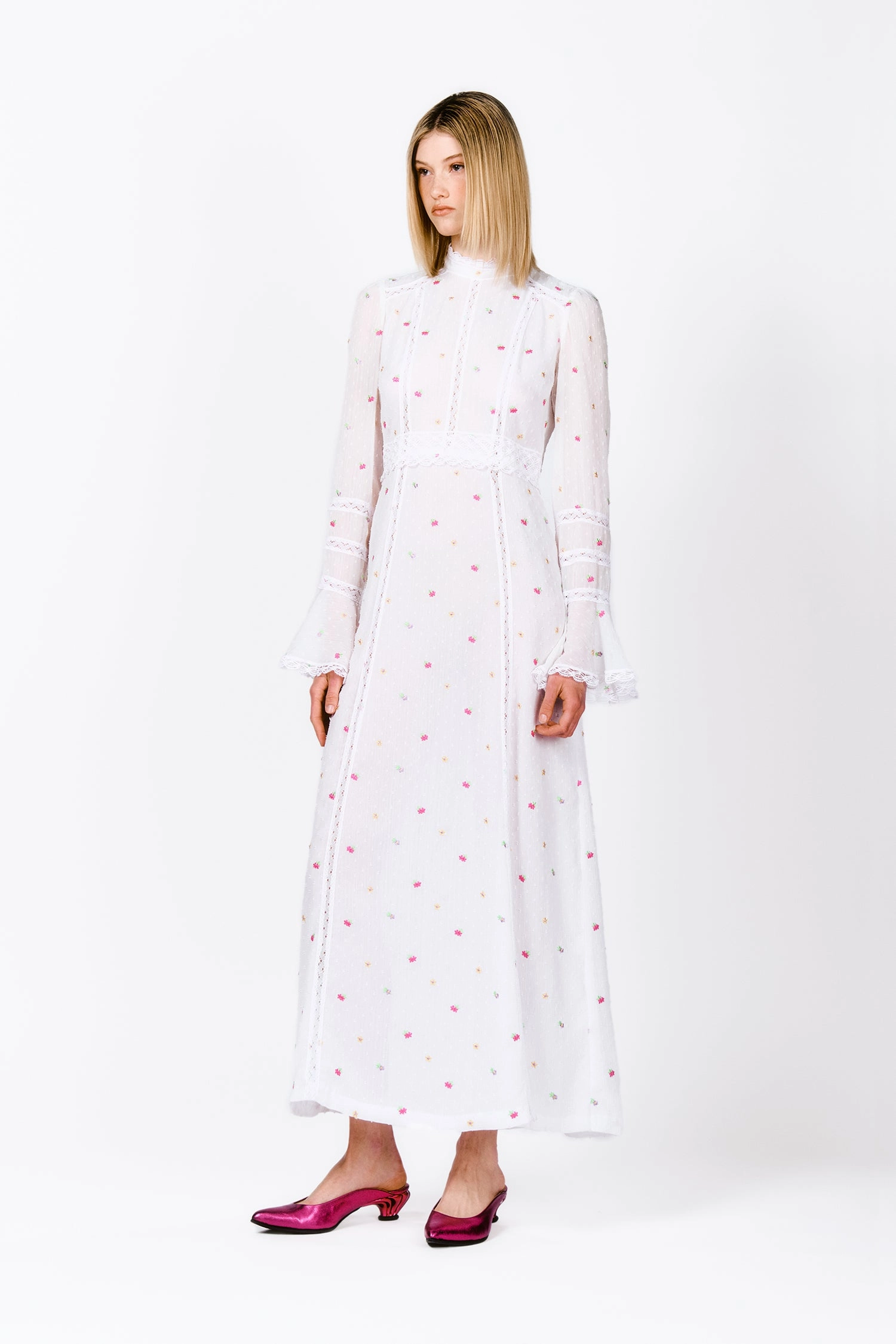 Cluny Lace Trimmed Floral Swiss Dot Maxi Dress Soft fabric piece