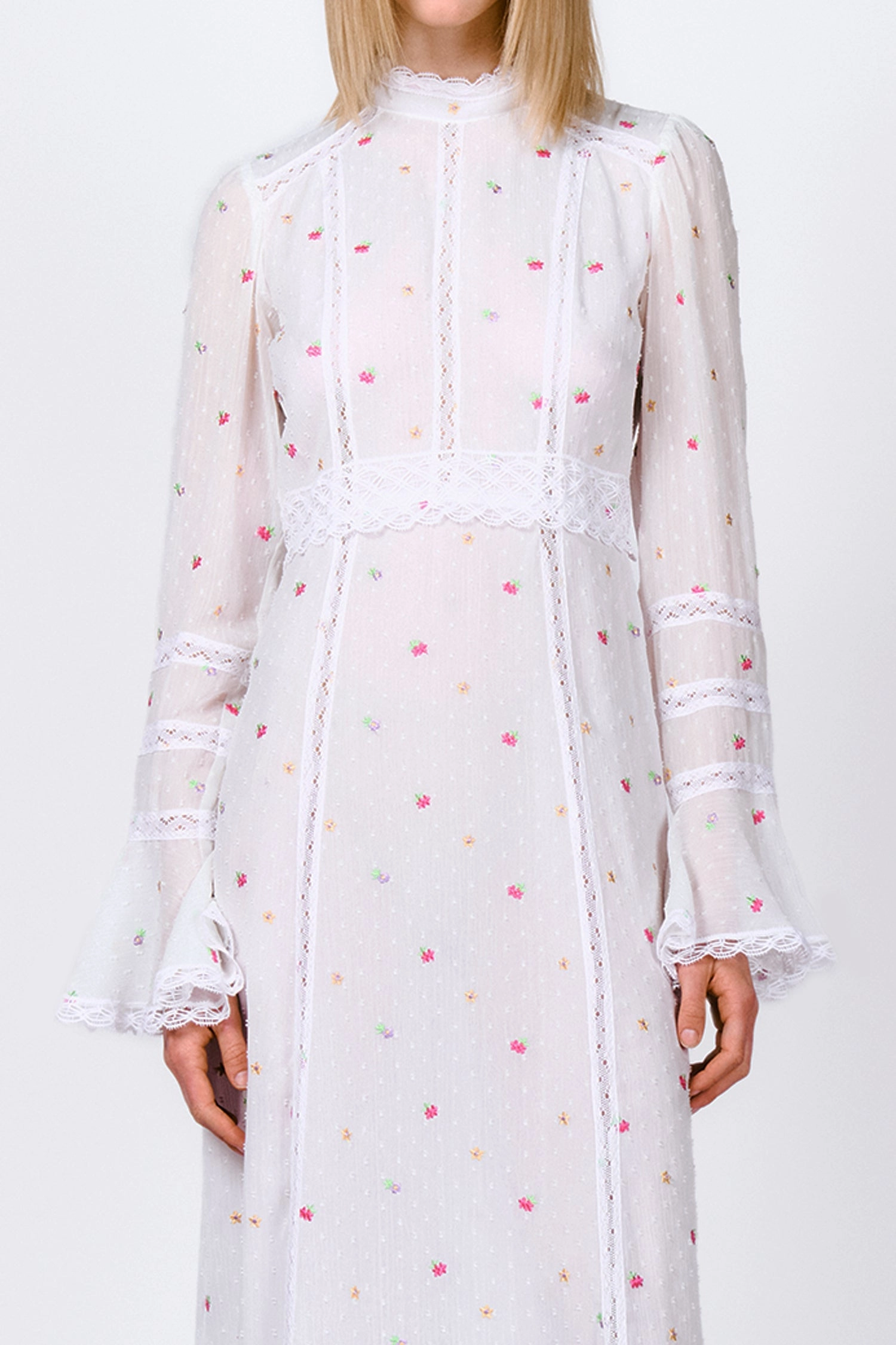 Side-Pocket Soft Presence Cluny Lace Trimmed Floral Swiss Dot Maxi Dress