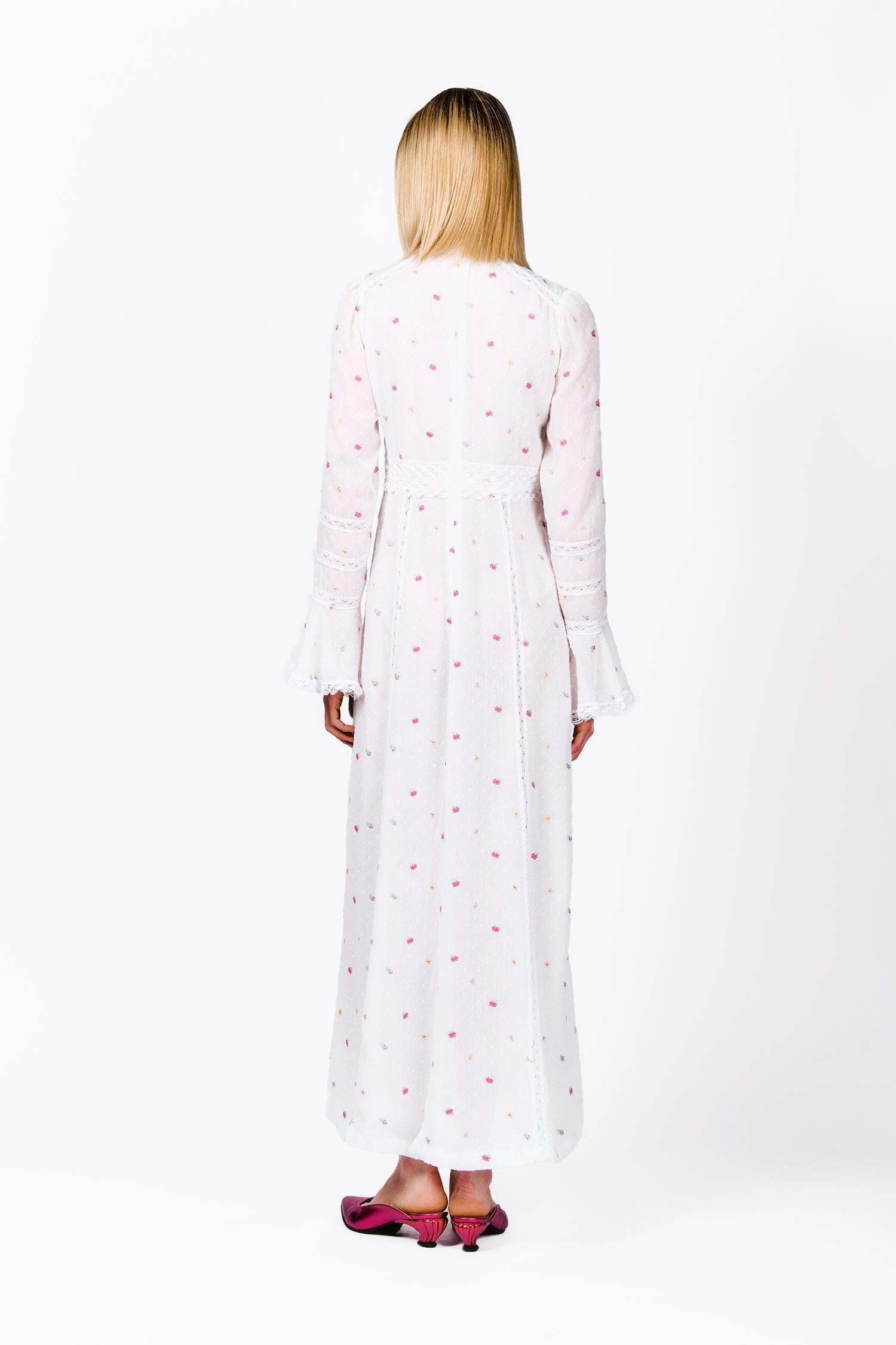 Smart and Sleek Cluny Lace Trimmed Floral Swiss Dot Maxi Dress