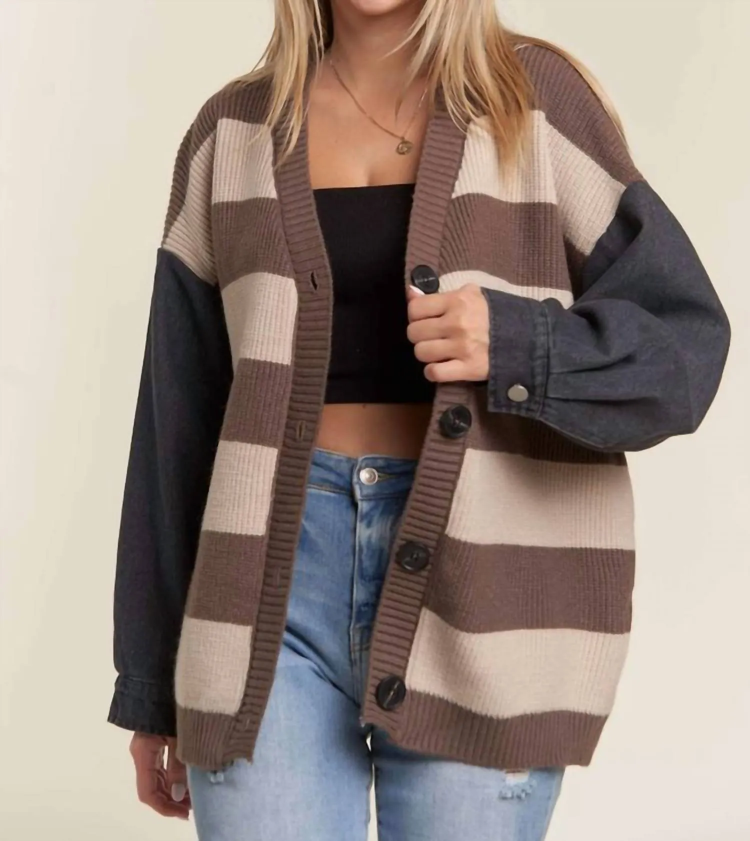 Denim Sleeve Stripe Sweater Cardigan In Mocha Stylish Wear Abrasion Resistant Seams