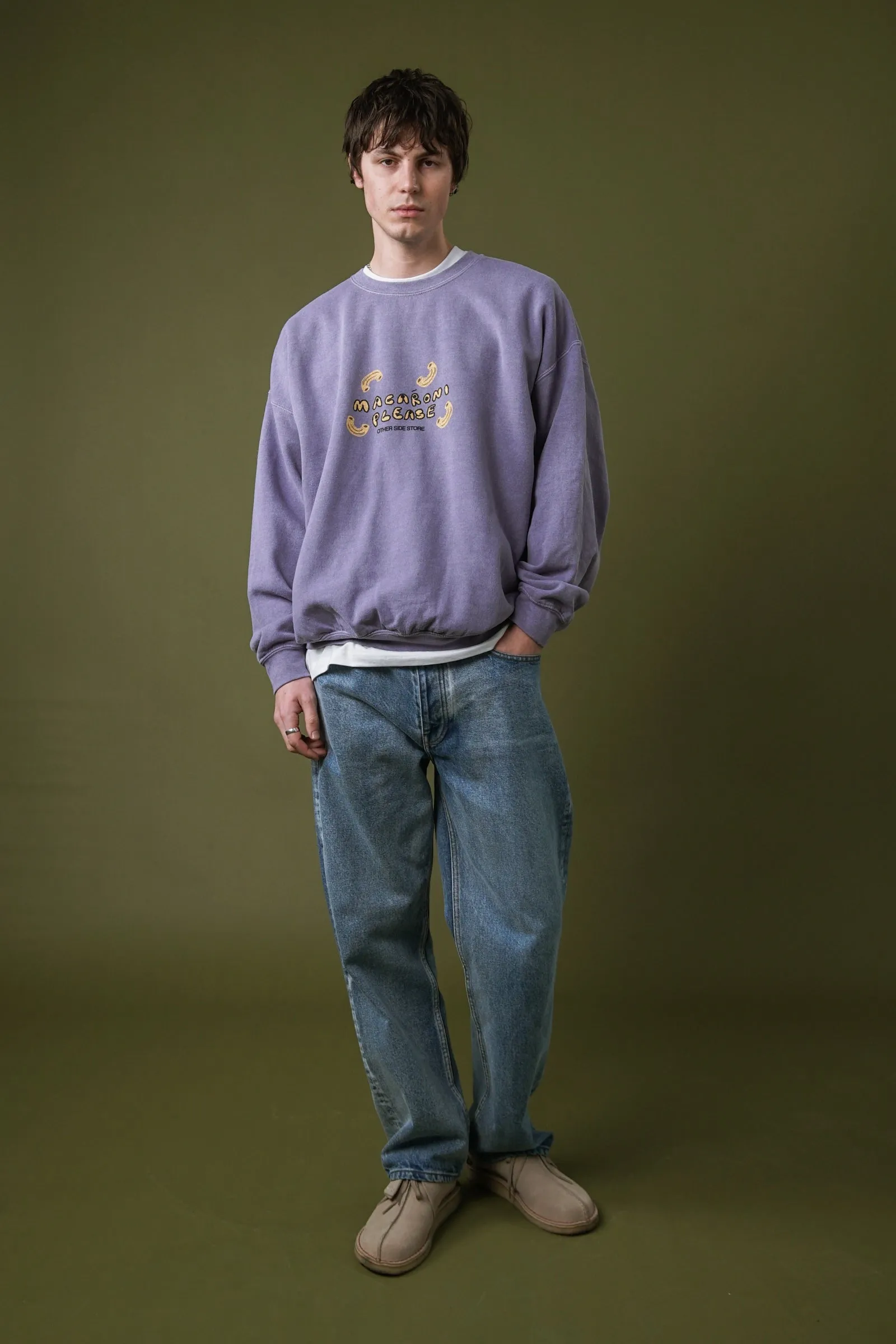 Thermal Lock Stitching Other Side Store 'Macaroni Please' Vintage Washed Sweater - Lilac