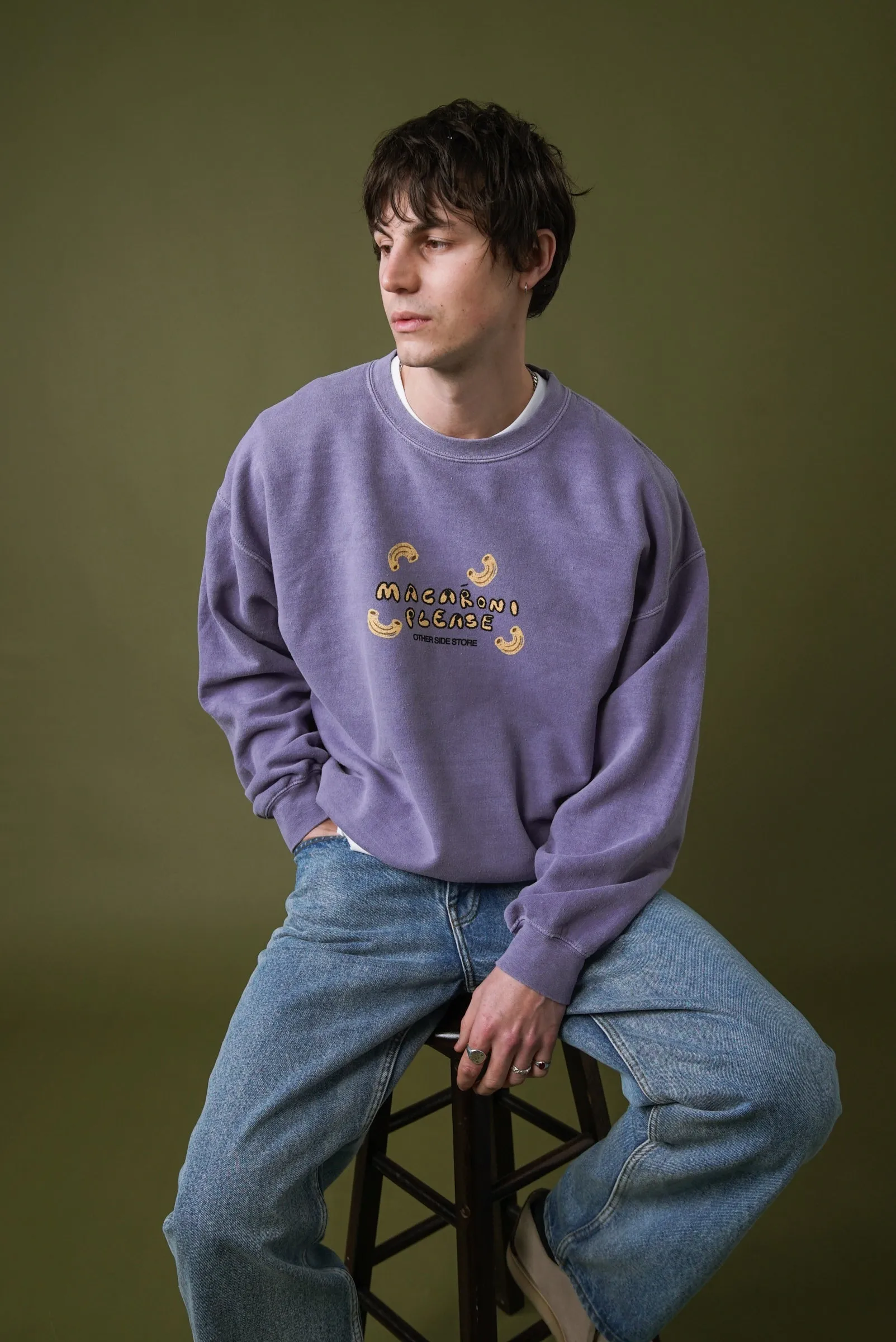 Warm and Soft Low carbon footprint Other Side Store 'Macaroni Please' Vintage Washed Sweater - Lilac