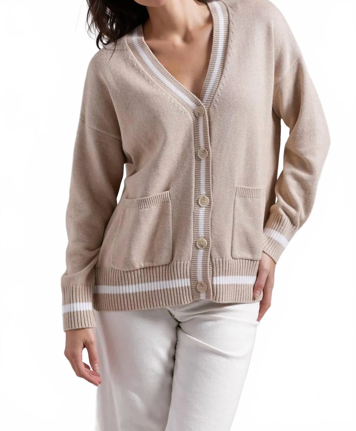 Oversized Cardigan With Tipping In Brown Sugar/white Casual Essentials