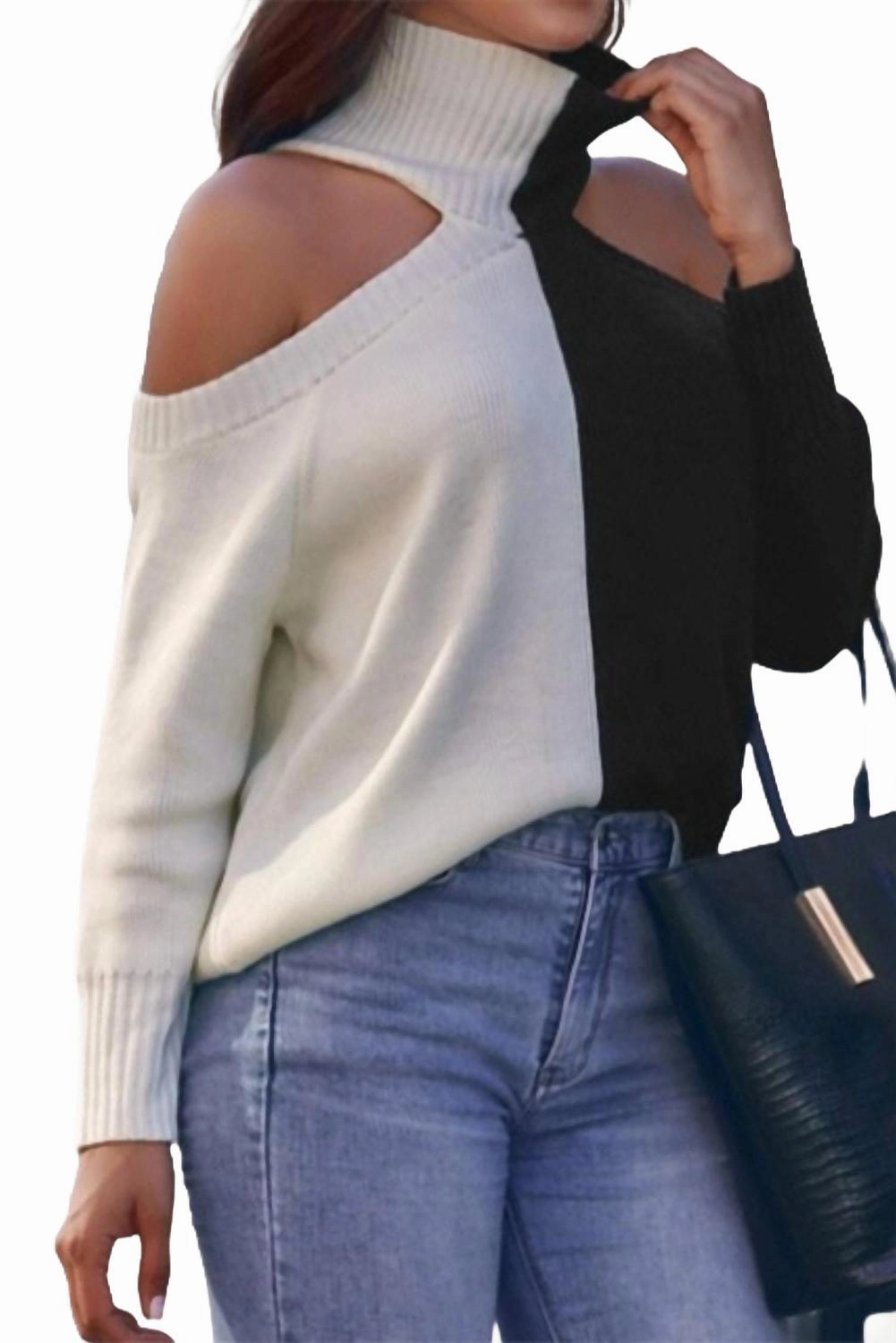 Cold-Shoulder Two-Tone Turtleneck Sweater In Black/white Winter Styling Cozy Warmth