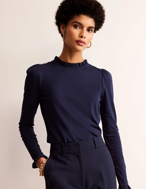 Quick Dry Material Tunic top Cold Wash Friendly Supersoft Frill Detail Top-Navy