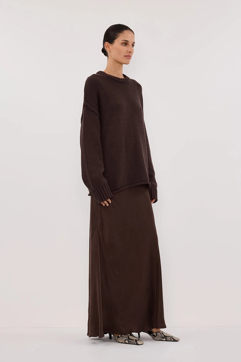 Knitted Fabric Vegan Material COLETTE BITTER CHOC SILK SKIRT
