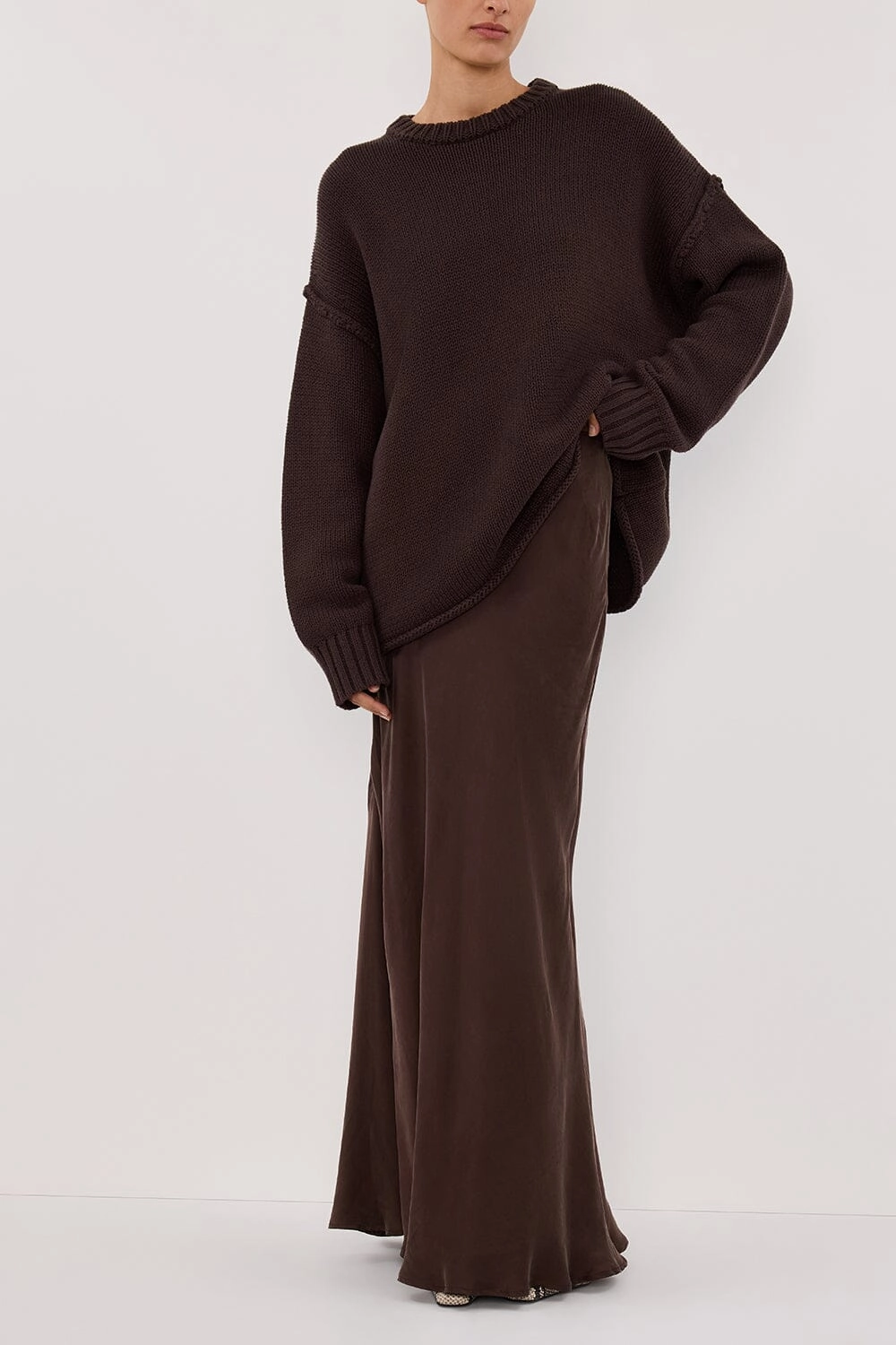 COLETTE BITTER CHOC SILK SKIRT Warm Insulation Texture Play
