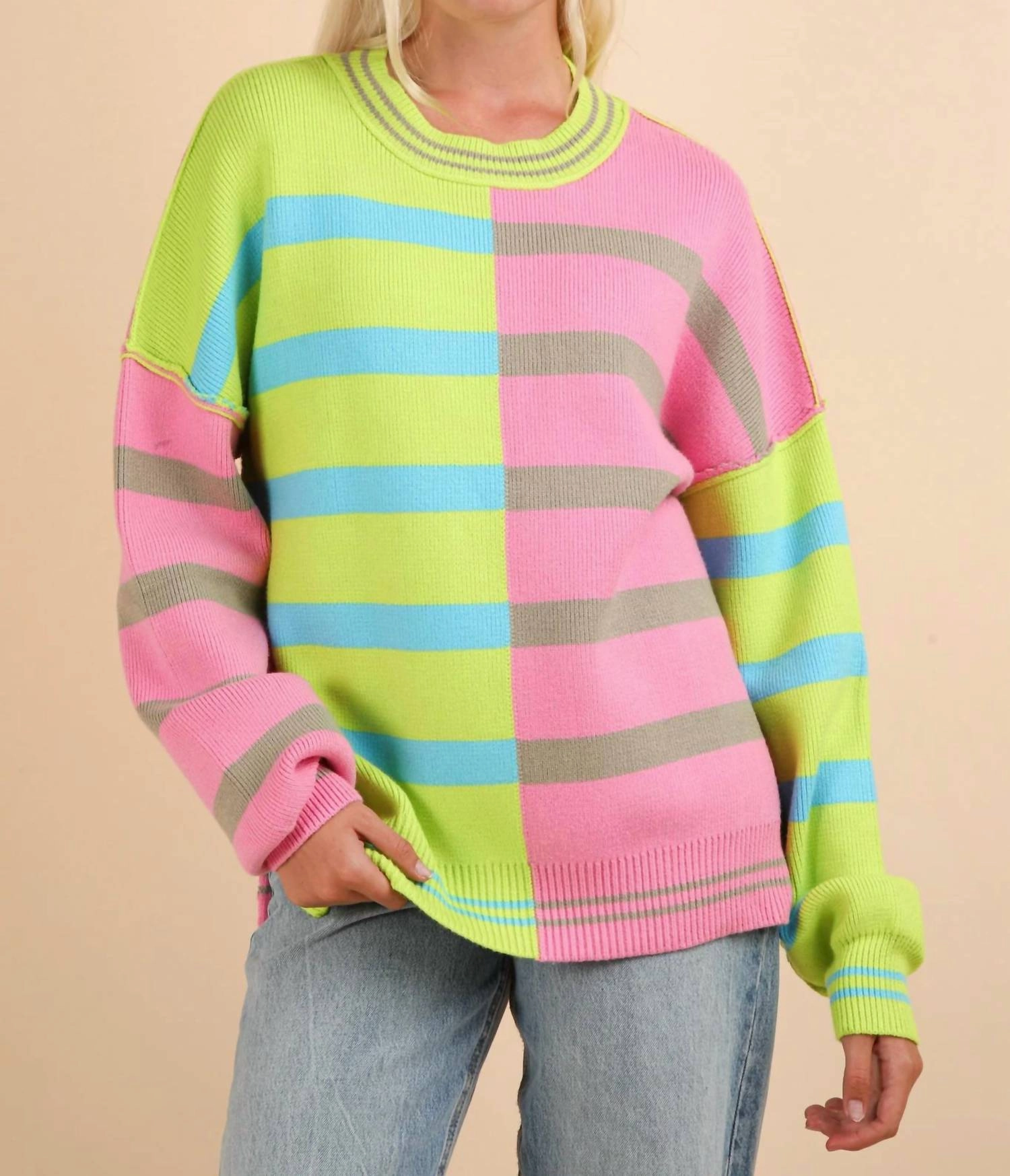 Color Block Oversized Striped Knit Sweater In Lime Mix Basic Layering