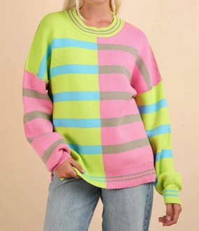 Color Block Oversized Striped Knit Sweater In Lime Mix Winter Look