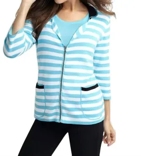 Colorblock Striped Cardigan In White/turquoise Knitted Warmth Snug Knit
