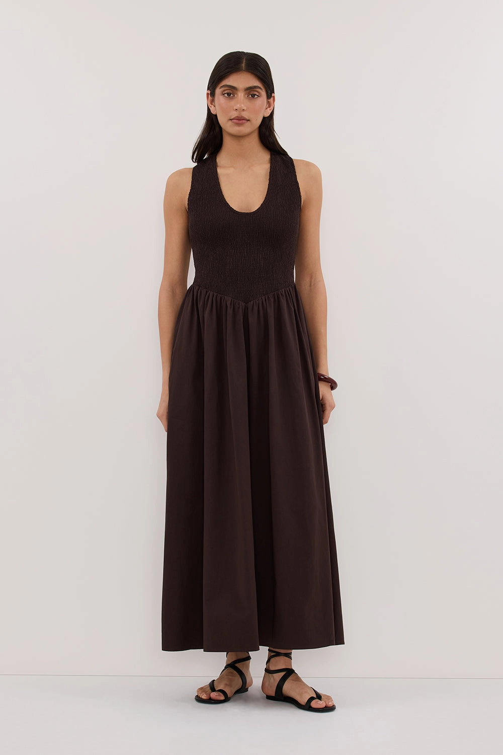 Calm Grace FLORENCE BURNT CHOC COTTON MIDI DRESS