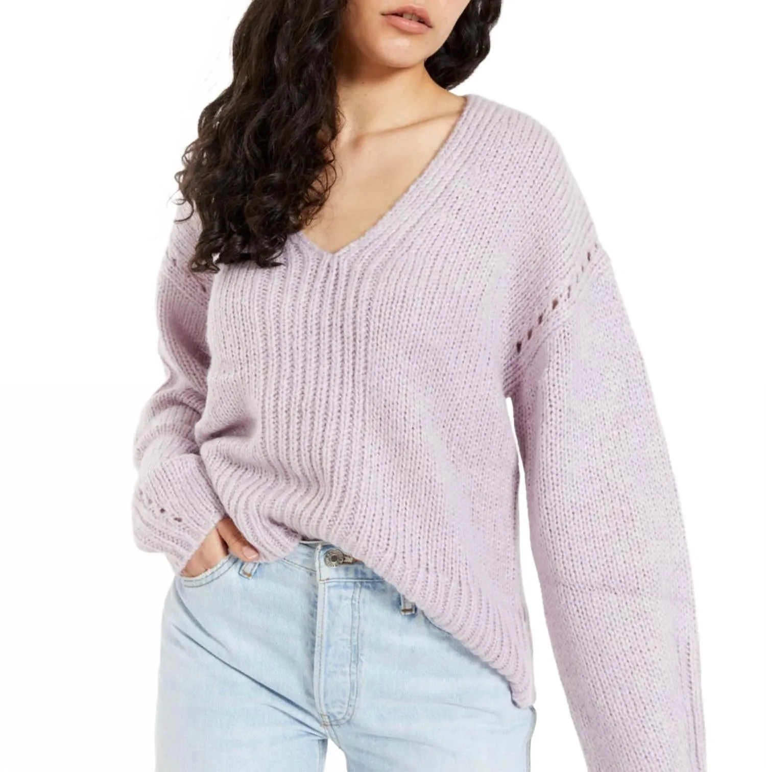 Willa Knit V-Neck Jumper Sweater In Lavender Chunky Yarn Warm and Snuggly