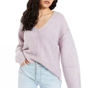 Willa Knit V-Neck Jumper Sweater In Lavender Elastic hem