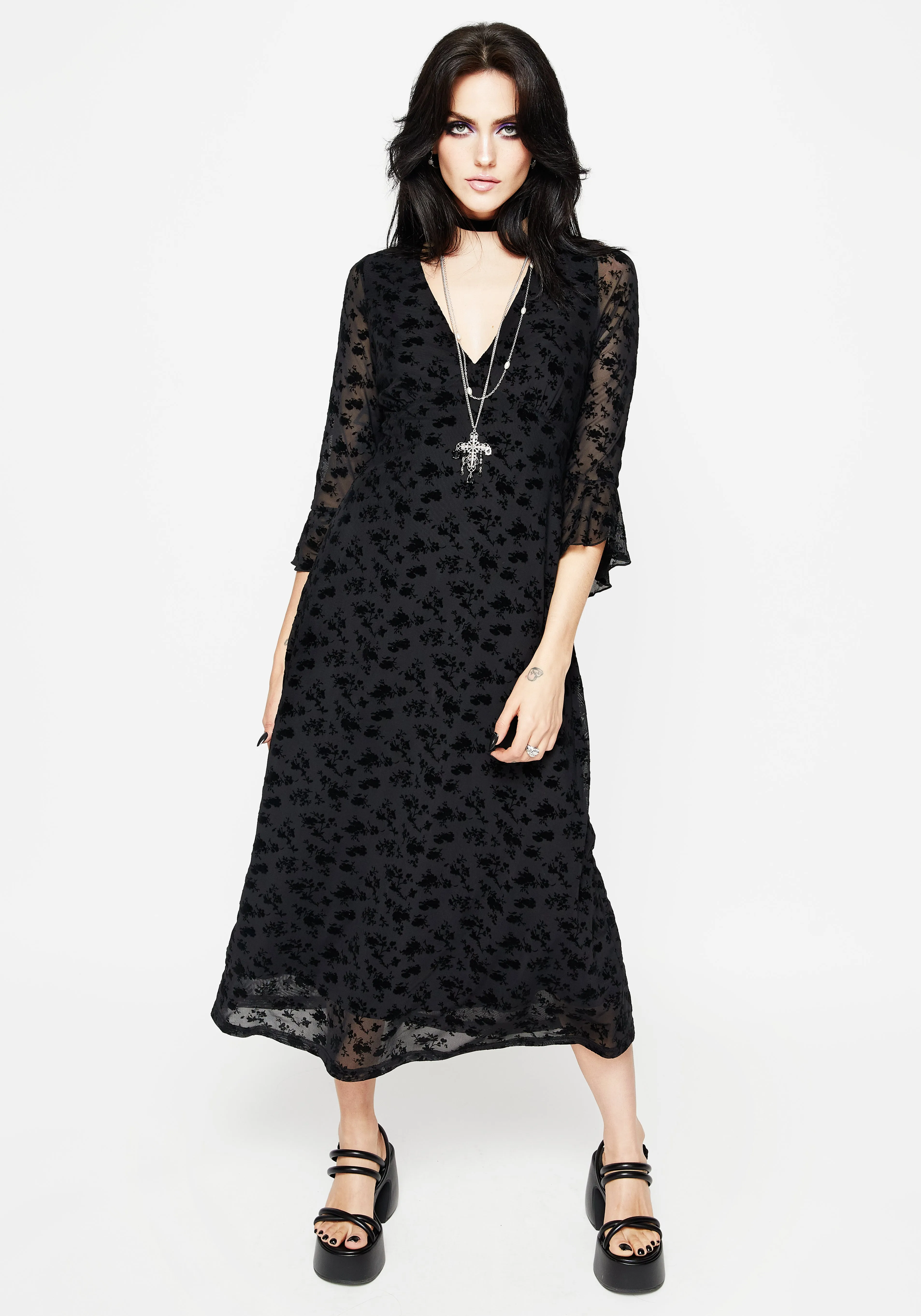Casual maxi dress Fringe-Detail Conduit Floral Mesh Layered Midaxi Dress