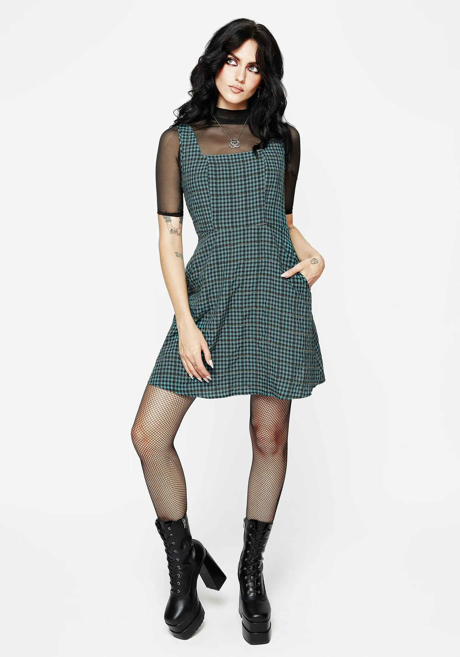 Waist Seam Natural Wrap Restless Check Mini Apron Dress