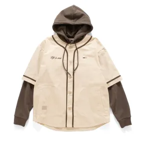 (SW483) Fake Layer Hooded Baseball Sweater Seamless Stitching Stylish Knit Look