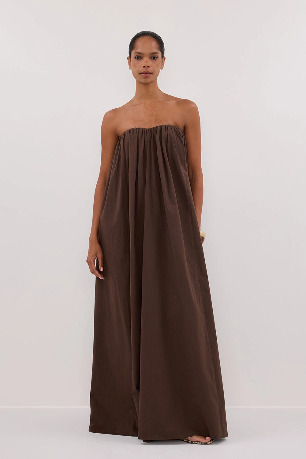 Sleek Motion ROISIN BITTER CHOC COTTON STRAPLESS MAXI DRESS