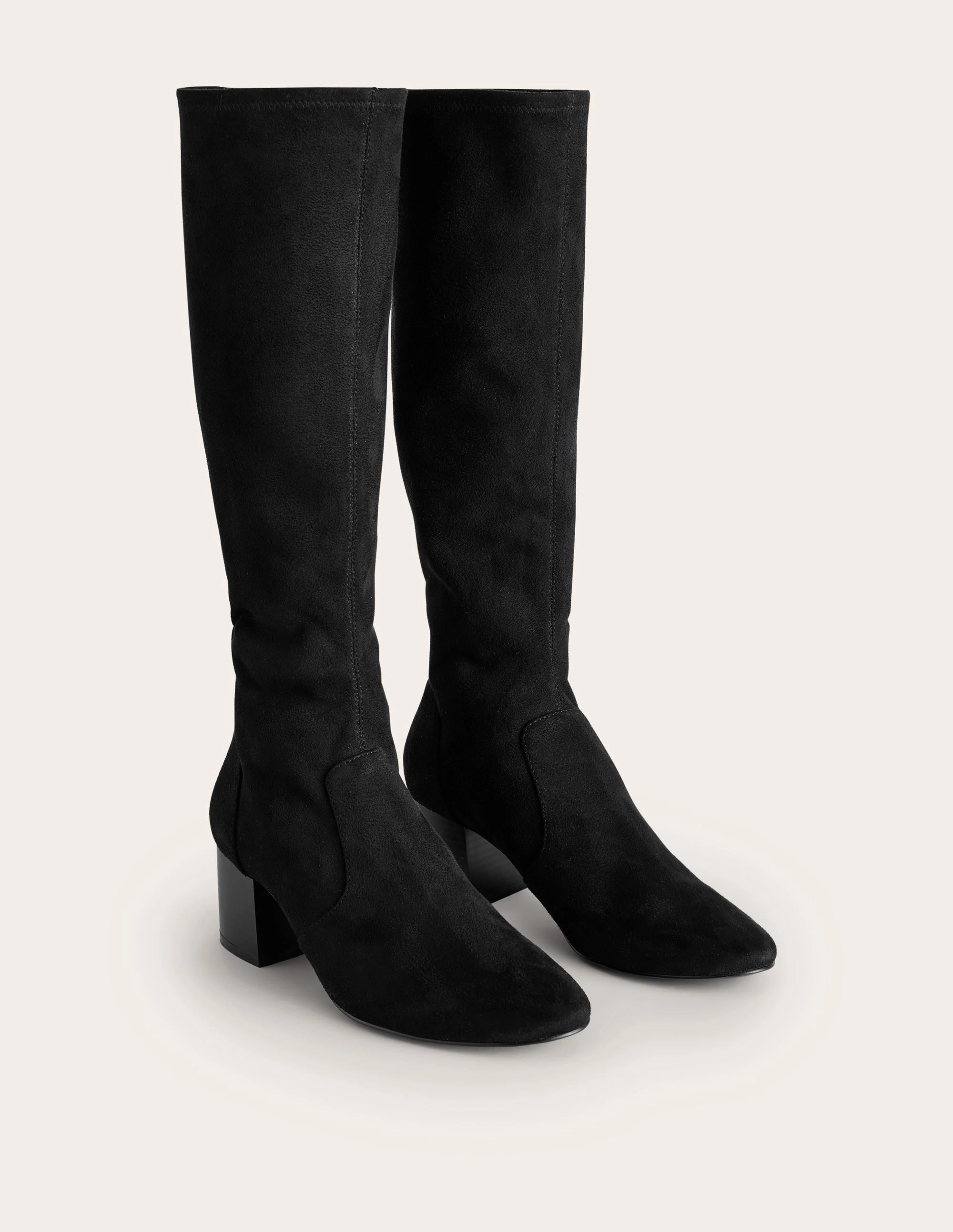 Leather Upper Stretch Knee Heel Boots-Black