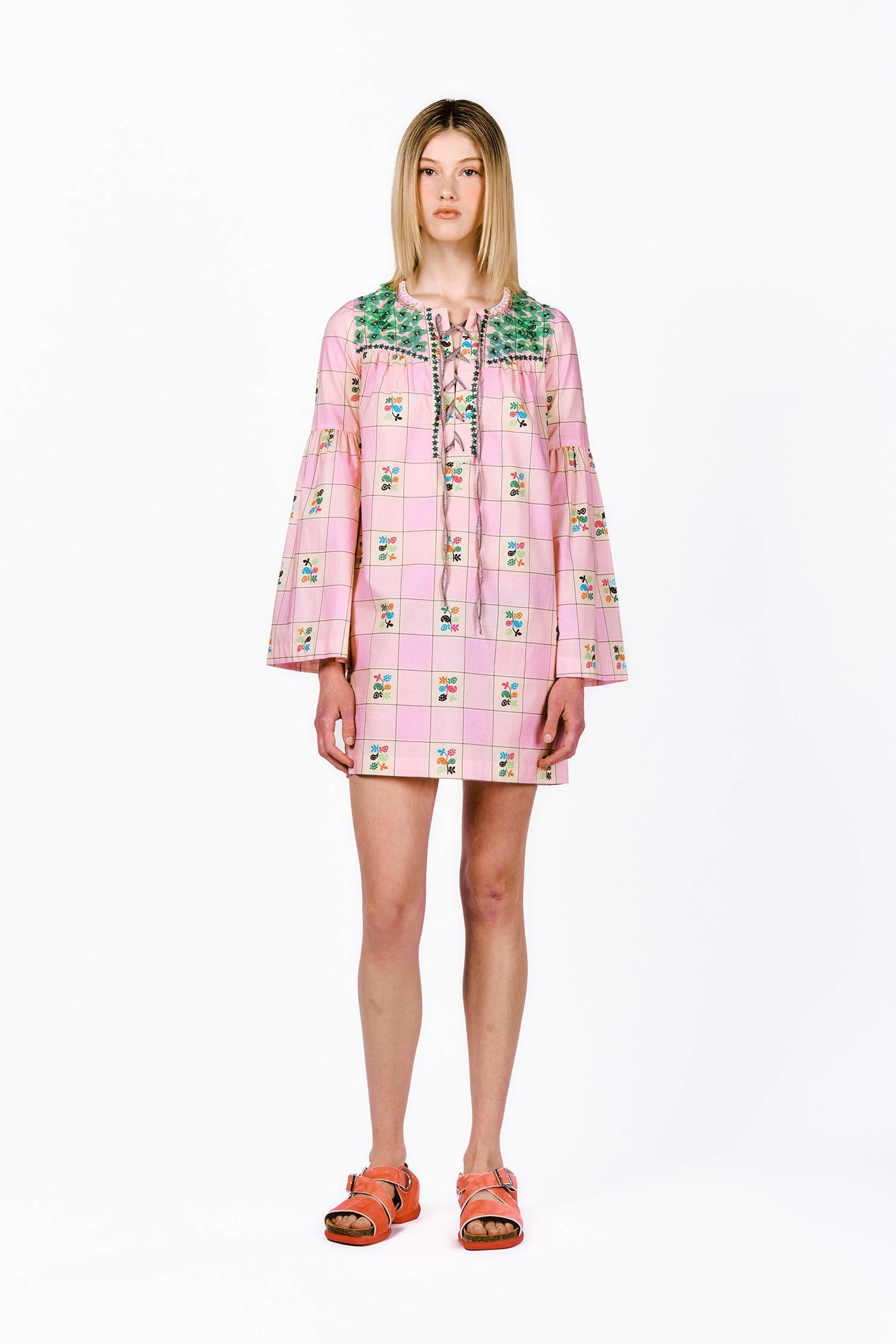 Giant Floral Gingham Embroidered Dress Slim Touch