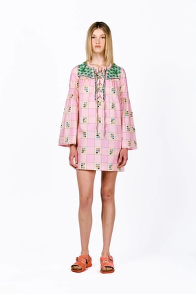 Giant Floral Gingham Embroidered Dress Slim Touch