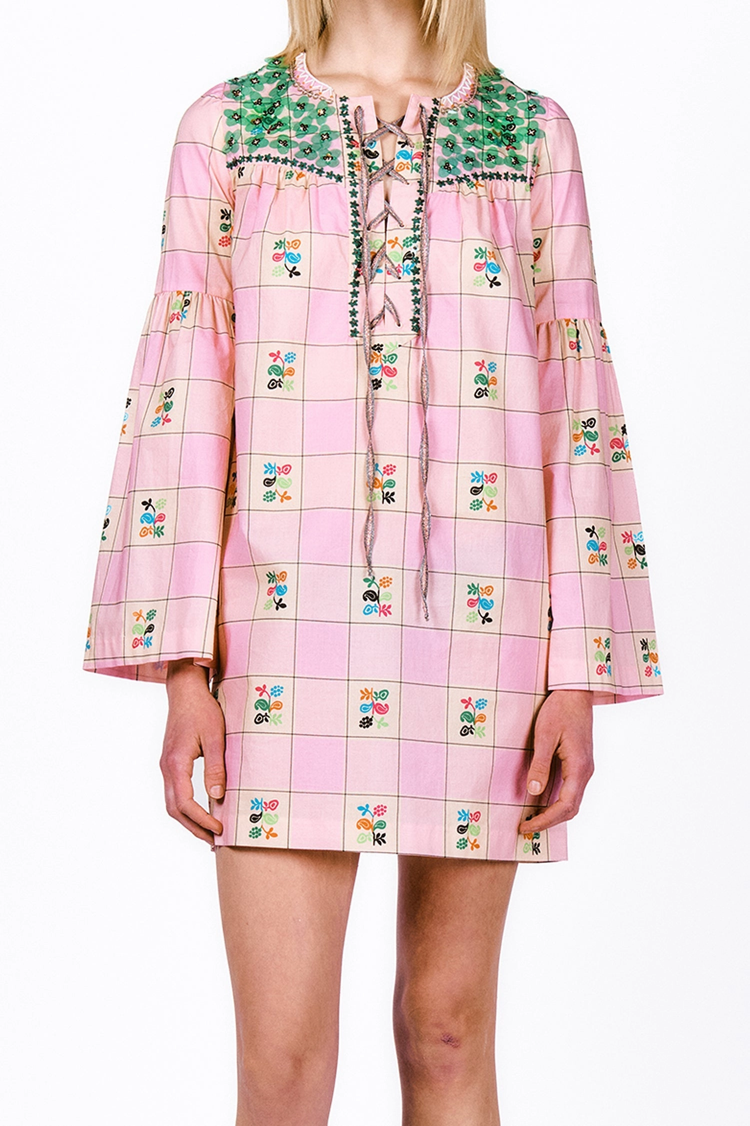 Giant Floral Gingham Embroidered Dress Linen-Blend Occasion Wear
