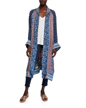 Snuggly Comfort Thermal Insulation Technology Reversible Long Fiori Silk Twill Kimono Coat In Multi