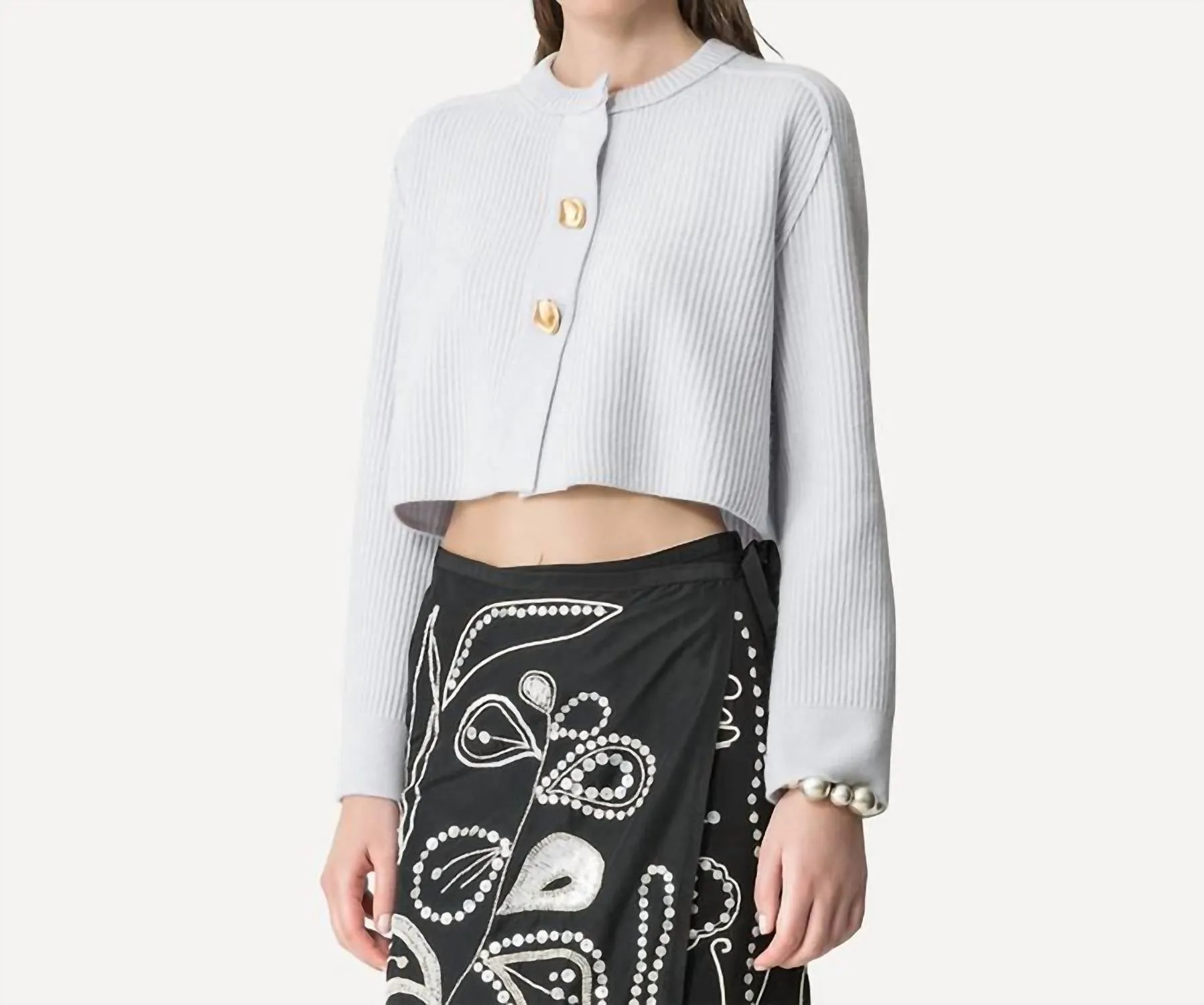 Fashionable Layer Cashmere Wool Rib Cropped Cardigan In Luna
