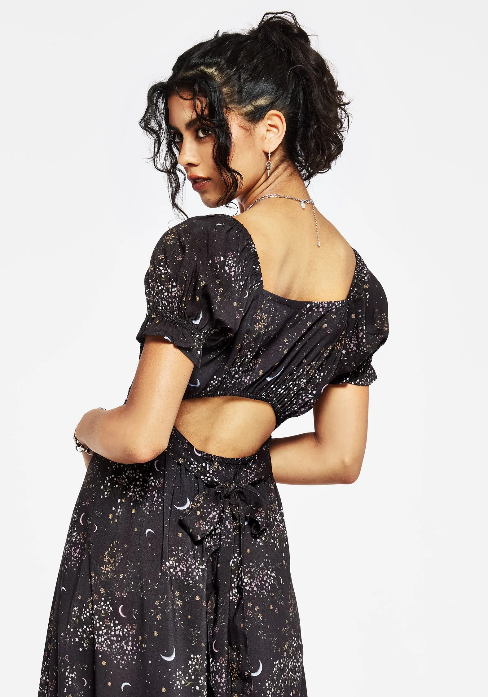 Light Fall Structured-Shape Peaseblossom Celestial Back Cut Out Midi Dress
