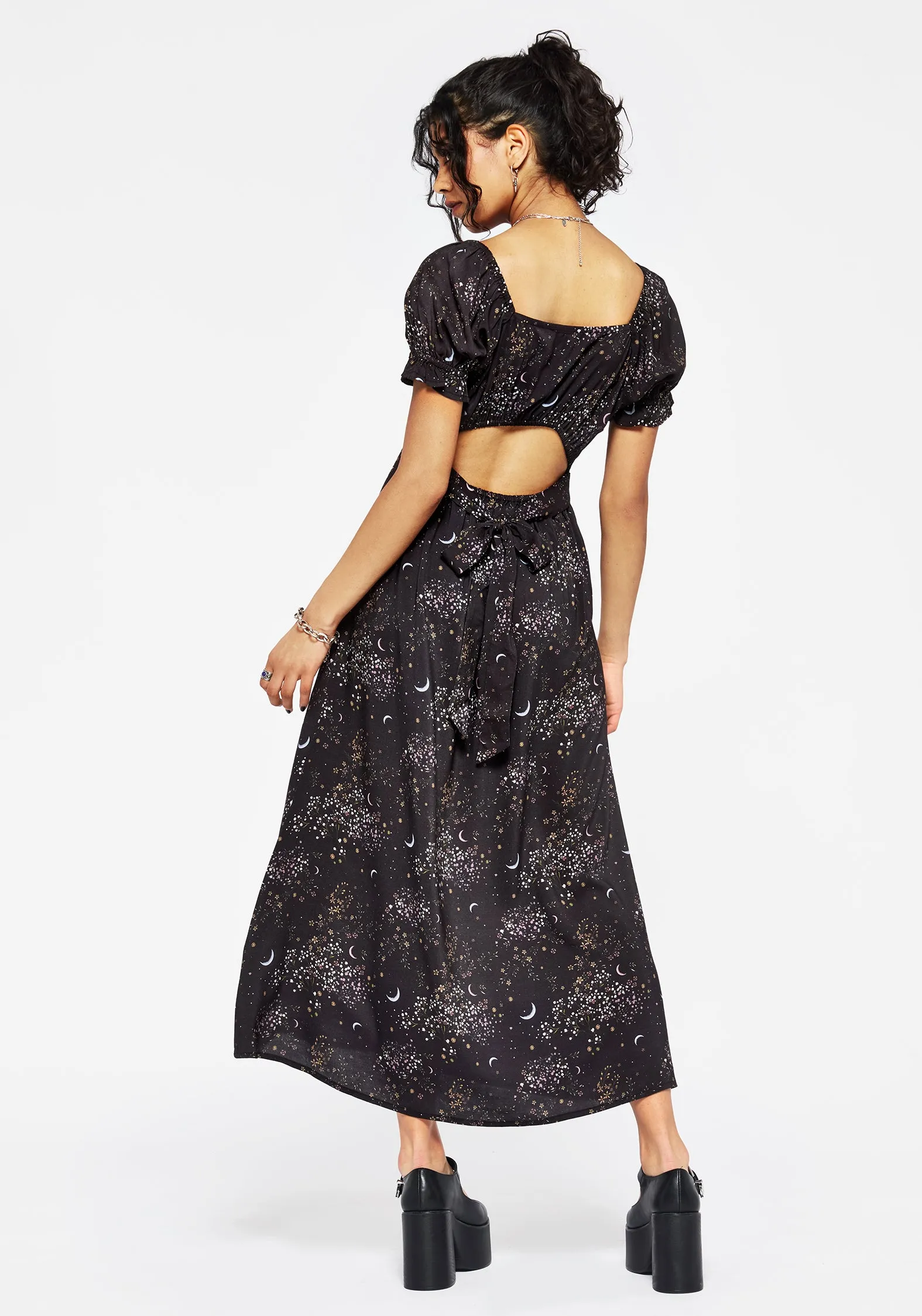 Spring-Season Peaseblossom Celestial Back Cut Out Midi Dress