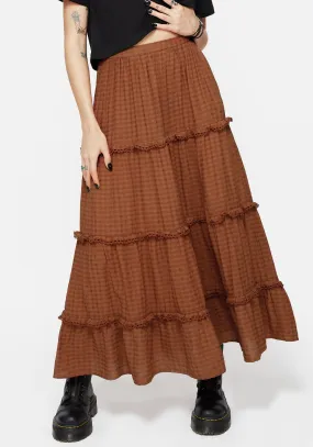 Soleil Cotton-Blend Check Tiered Maxi Skirt Earth Tones
