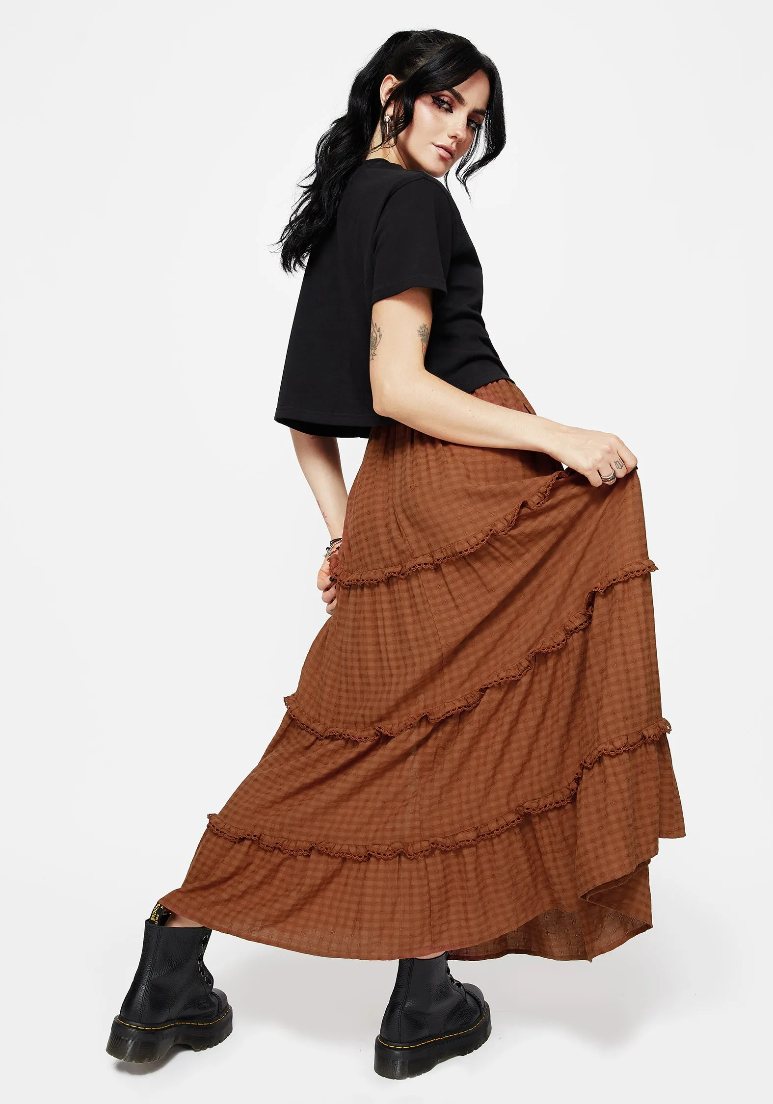 Soleil Cotton-Blend Check Tiered Maxi Skirt Comfy Wear Street Edge
