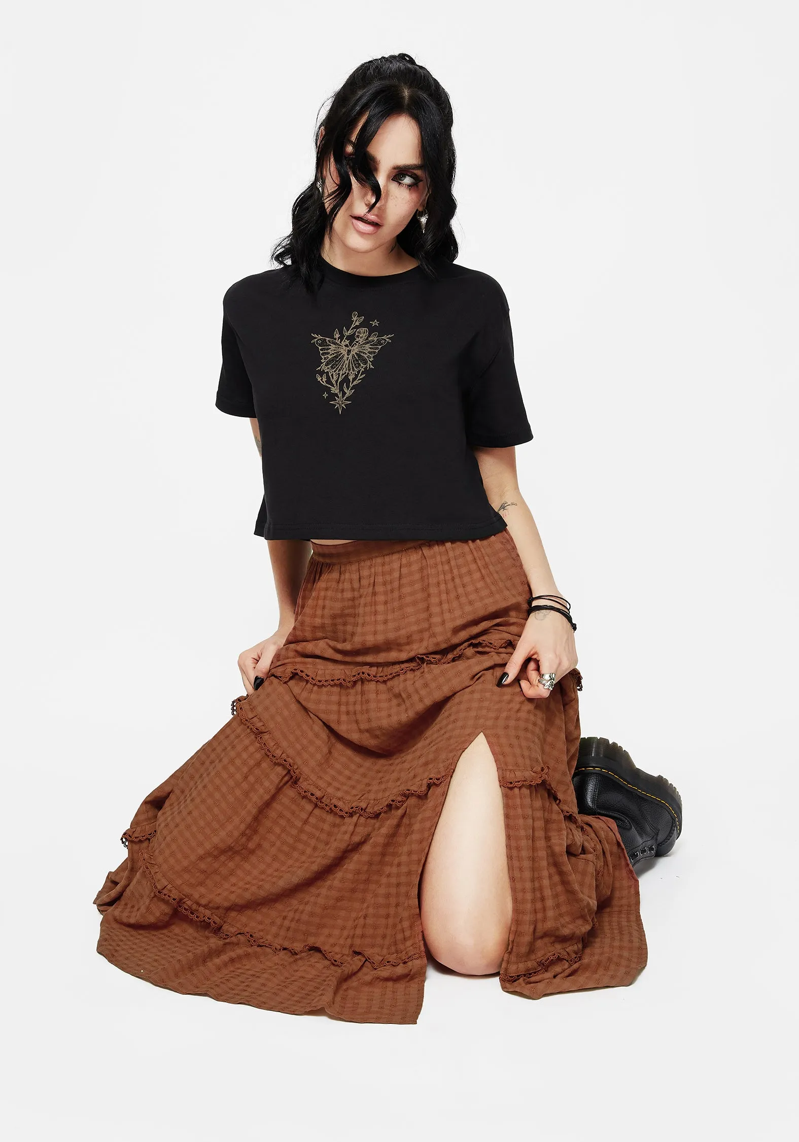 Soleil Cotton-Blend Check Tiered Maxi Skirt Easy Style Sequined Finish