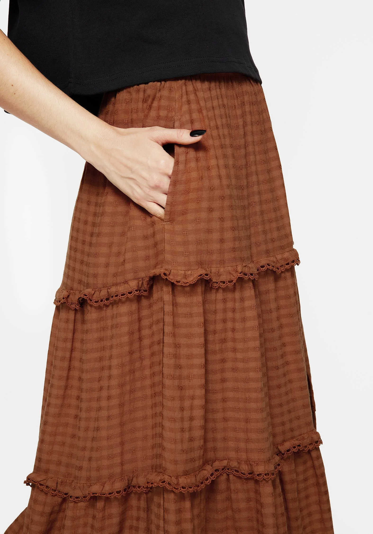 Soleil Cotton-Blend Check Tiered Maxi Skirt Smooth Layer