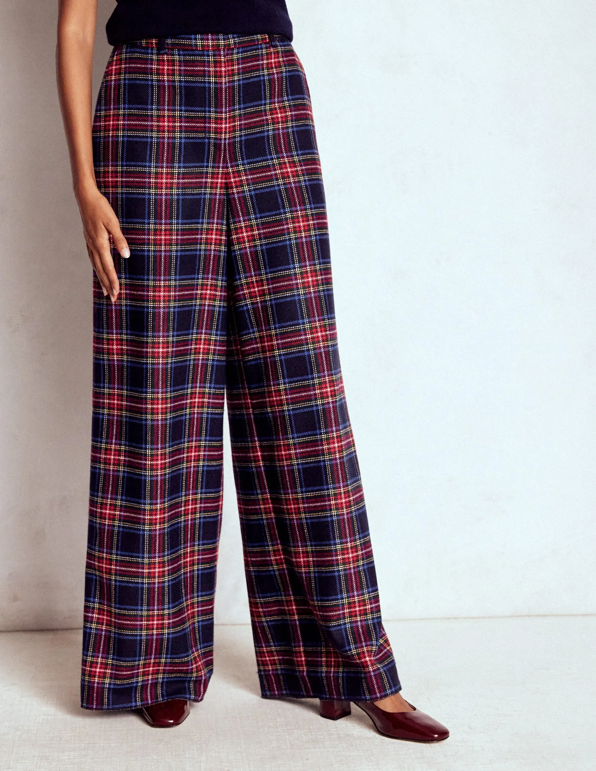 Flexible Waistband Belgravia Wool Trousers-Navy, Green and Red Check