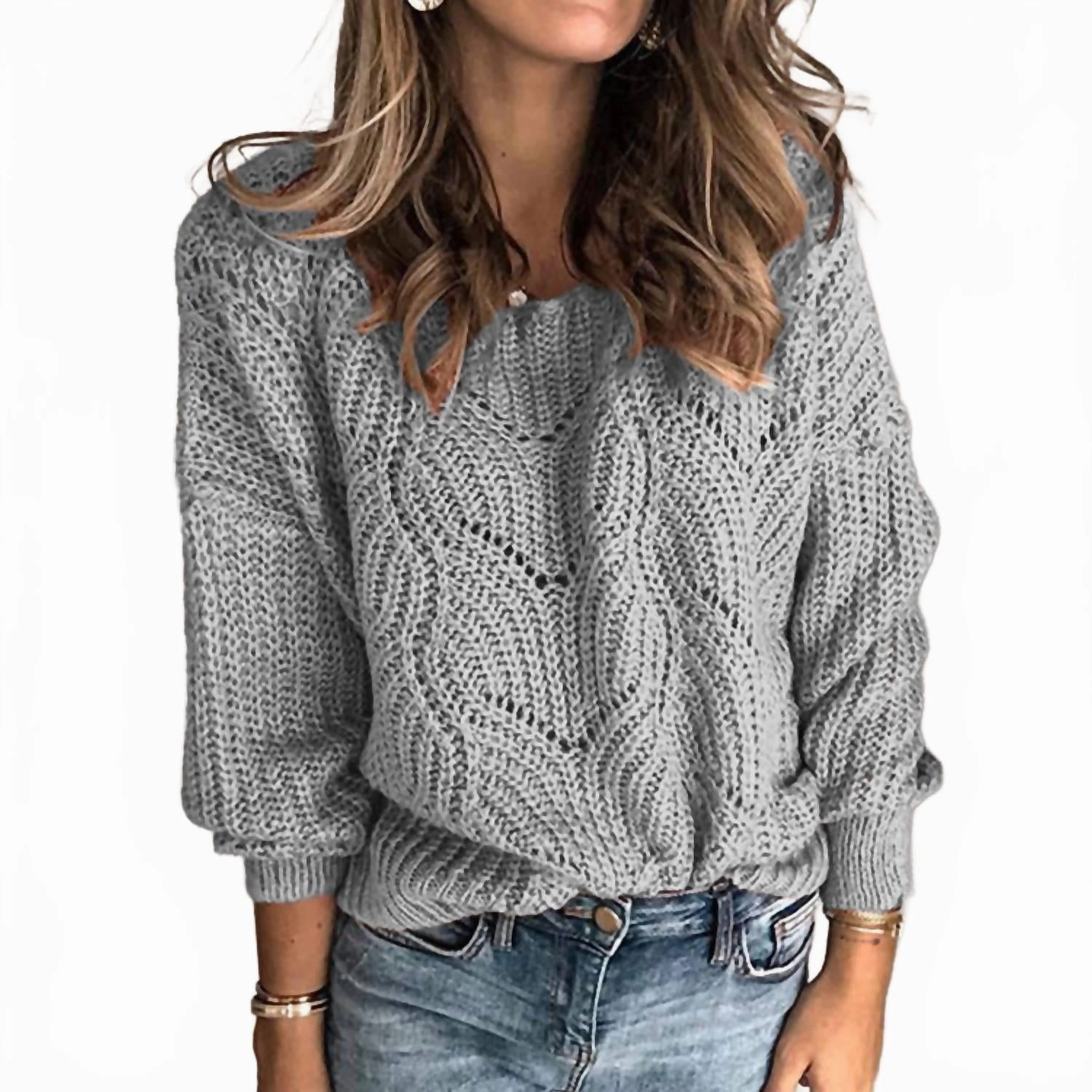 Crew Neck Hollowed-Out Sweater In Heather Gray Cold Weather Gear Lattice Stitch Pattern