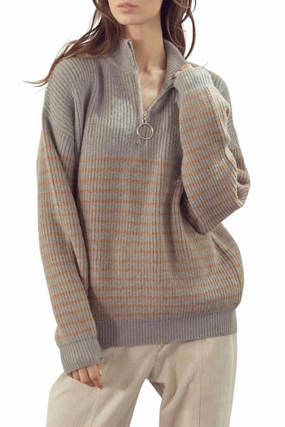 Flexible Waistband Ribbed Half-Zip Sweater In Grey Taupe Combo
