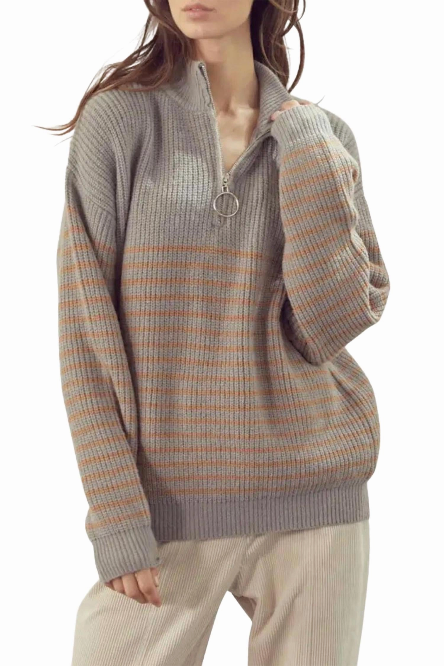 Flexible Waistband Ribbed Half-Zip Sweater In Grey Taupe Combo