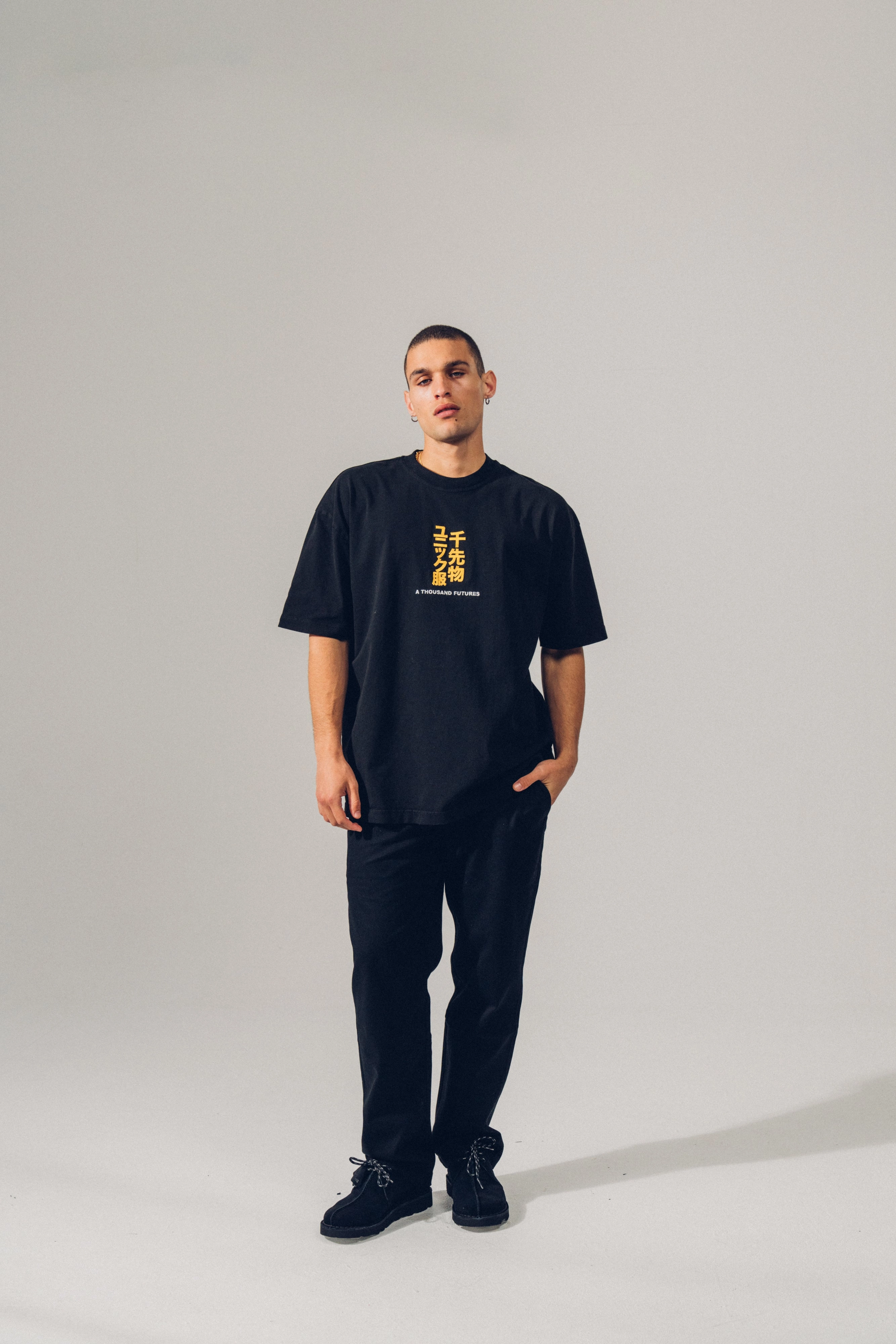 A Thousand Futures 'Tokyo' Embroidered Tee - Black Sustainable Material Blend Reinforced Hemline